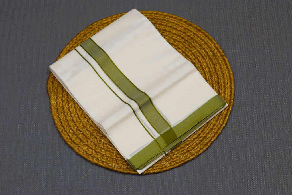 Premium Kodi Green Border Off-White Cotton Double Mundu