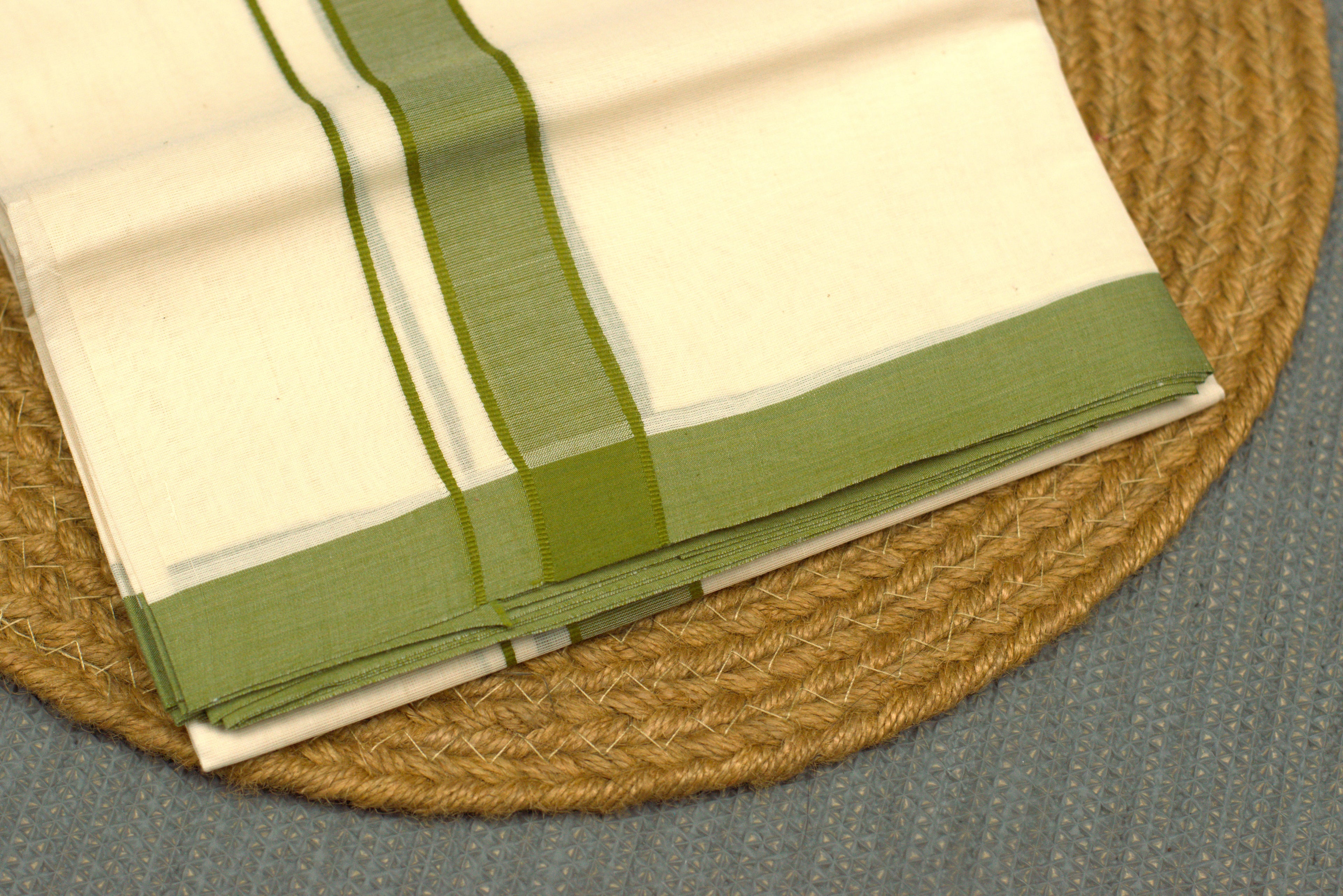 Premium Kodi Green Border Off-White Cotton Double Mundu