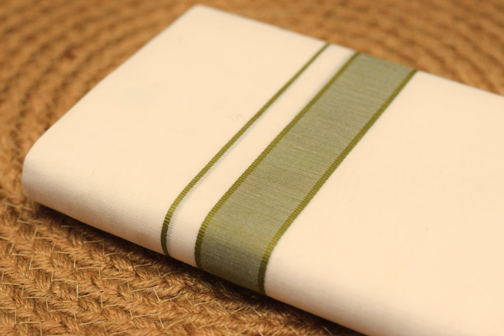 Premium Kodi Green Border Off-White Cotton Double Mundu