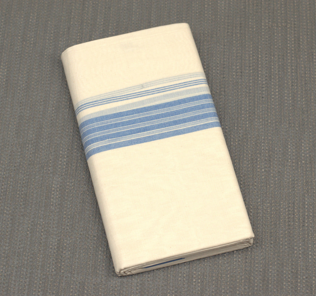 Off White Cotton Double Mundu with Sky Blue Kara | Traditional Kerala Kodi Mundu