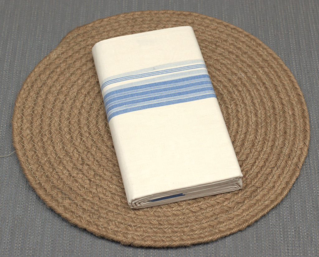 Off White Cotton Double Mundu with Sky Blue Kara | Traditional Kerala Kodi Mundu