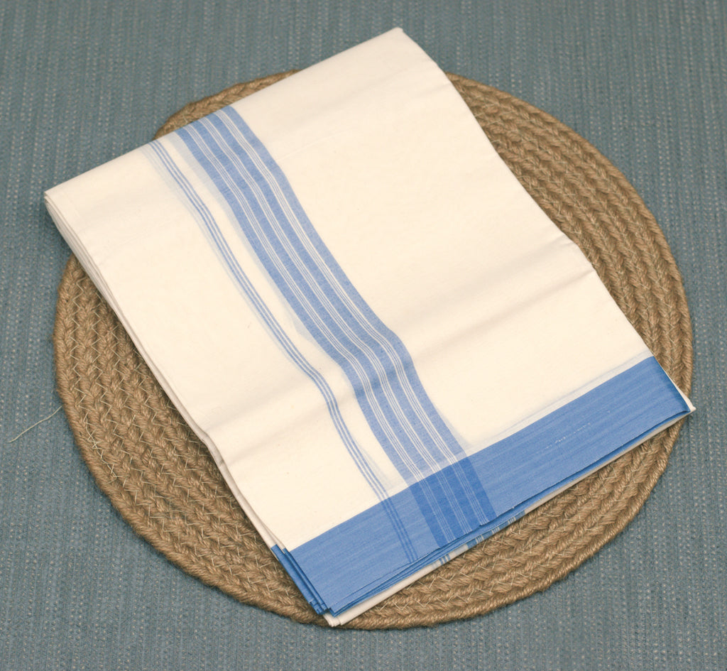 Off White Cotton Double Mundu with Sky Blue Kara | Traditional Kerala Kodi Mundu