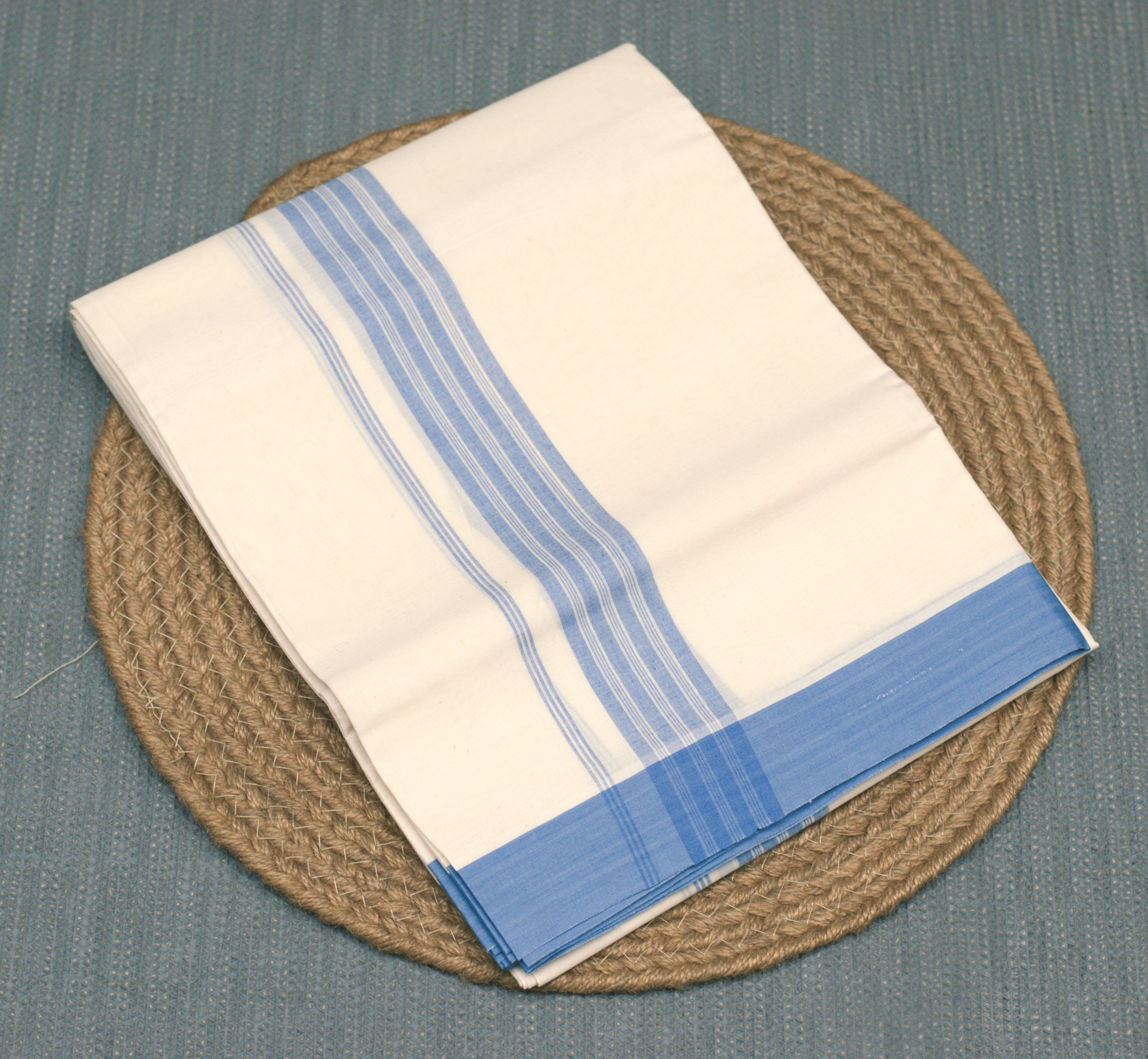 Off White Cotton Double Mundu with Sky Blue Kara | Traditional Kerala Kodi Mundu
