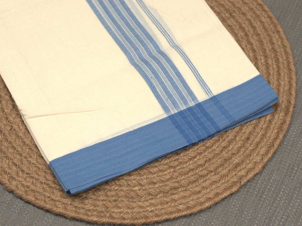 Off White Cotton Double Mundu with Sky Blue Kara | Traditional Kerala Kodi Mundu