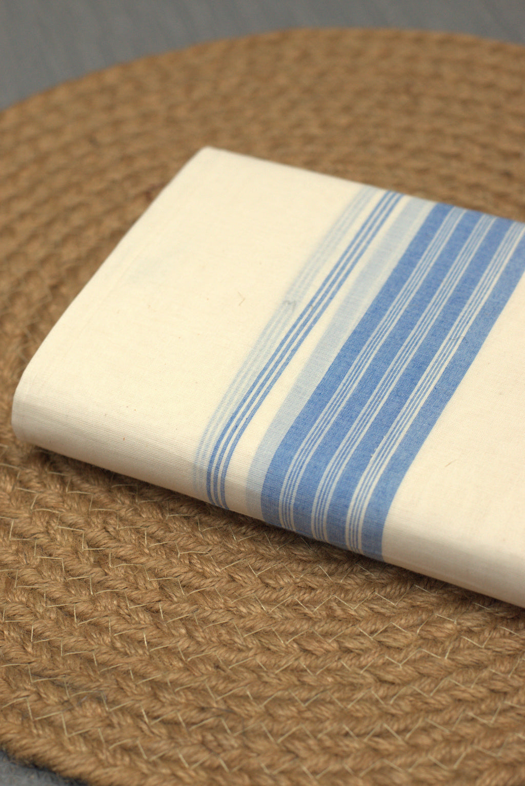 Off White Cotton Double Mundu with Sky Blue Kara | Traditional Kerala Kodi Mundu