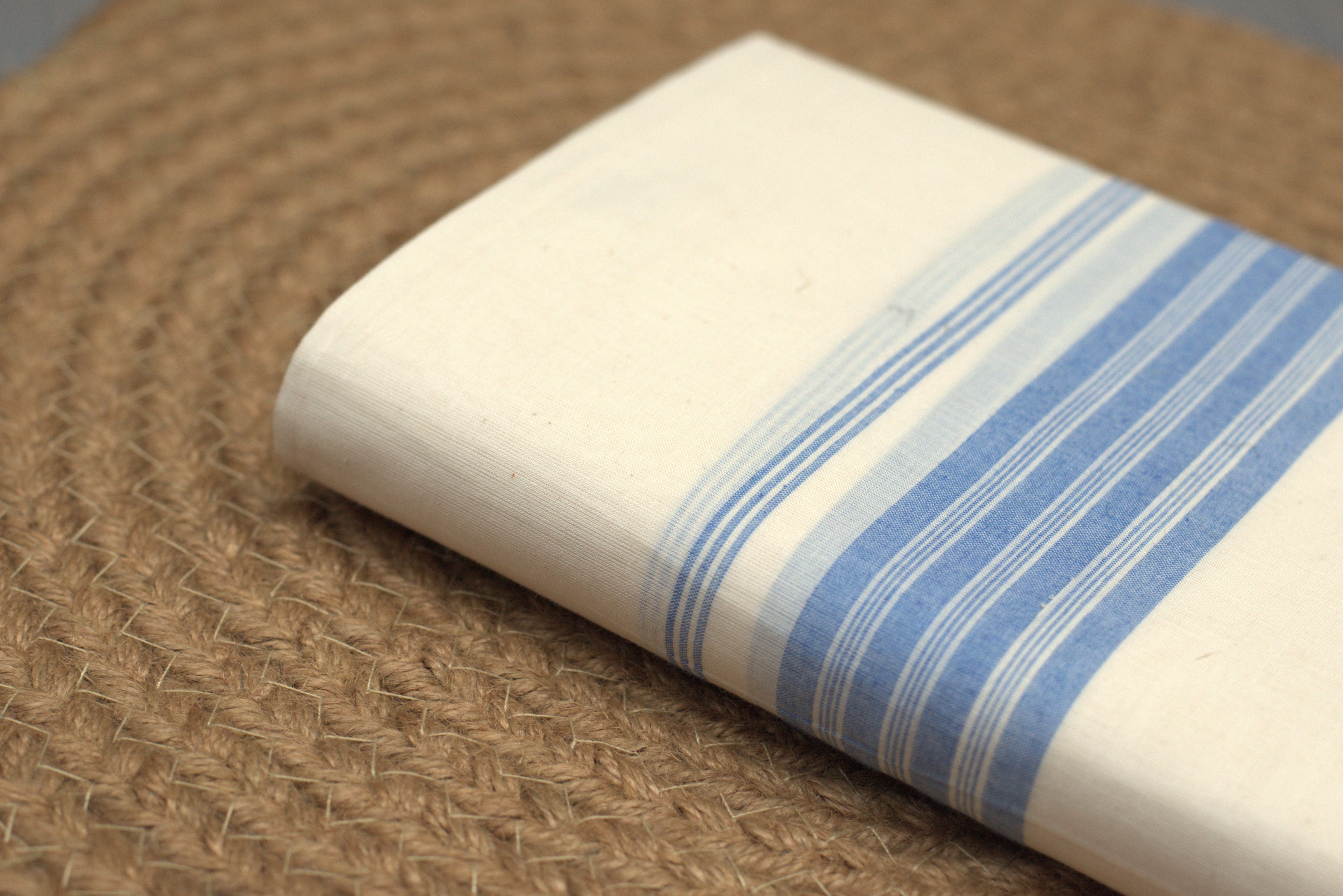 Off White Cotton Double Mundu with Sky Blue Kara | Traditional Kerala Kodi Mundu