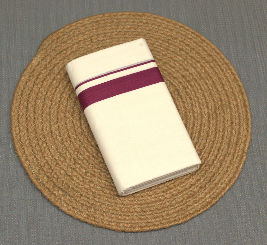 Premium Off White Kodi Cotton Double Mundu with Purple Kara Border