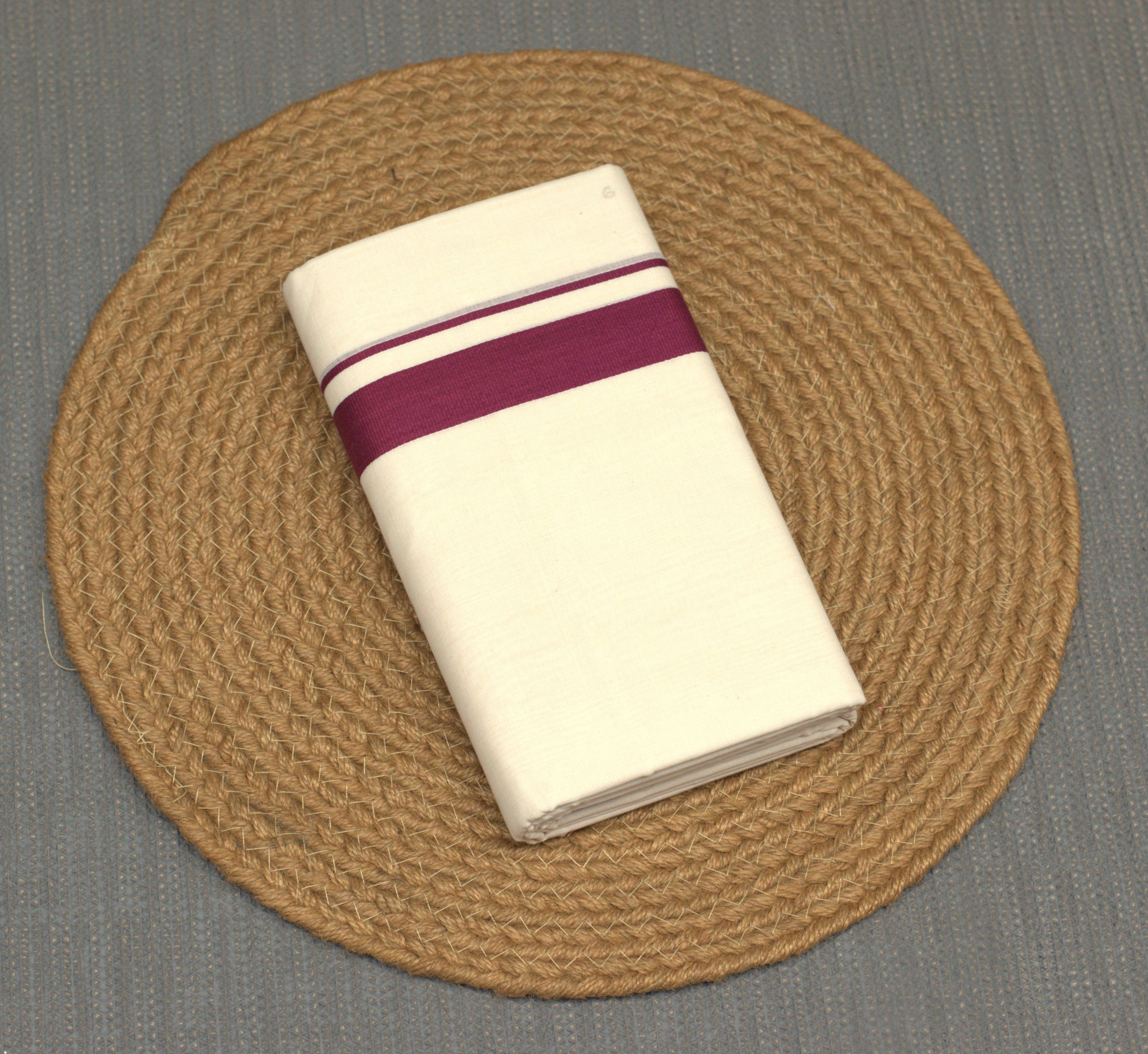 Premium Off White Kodi Cotton Double Mundu with Purple Kara Border