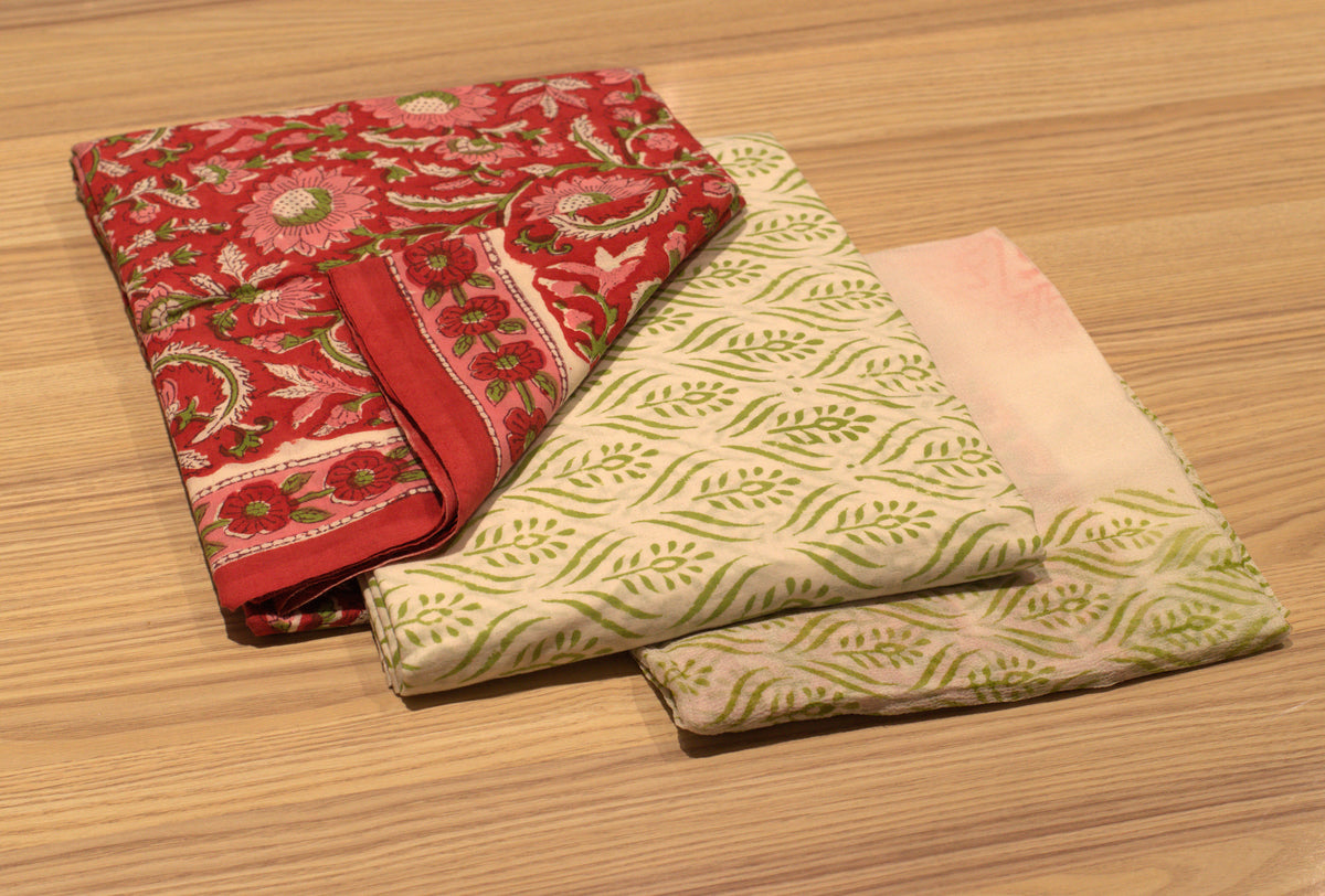 Floral Red & Sage Green Block Printed Cotton Unstitched Churidhar Dress Material Set
