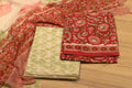 Floral Red & Sage Green Block Printed Cotton Unstitched Churidhar Dress Material Set