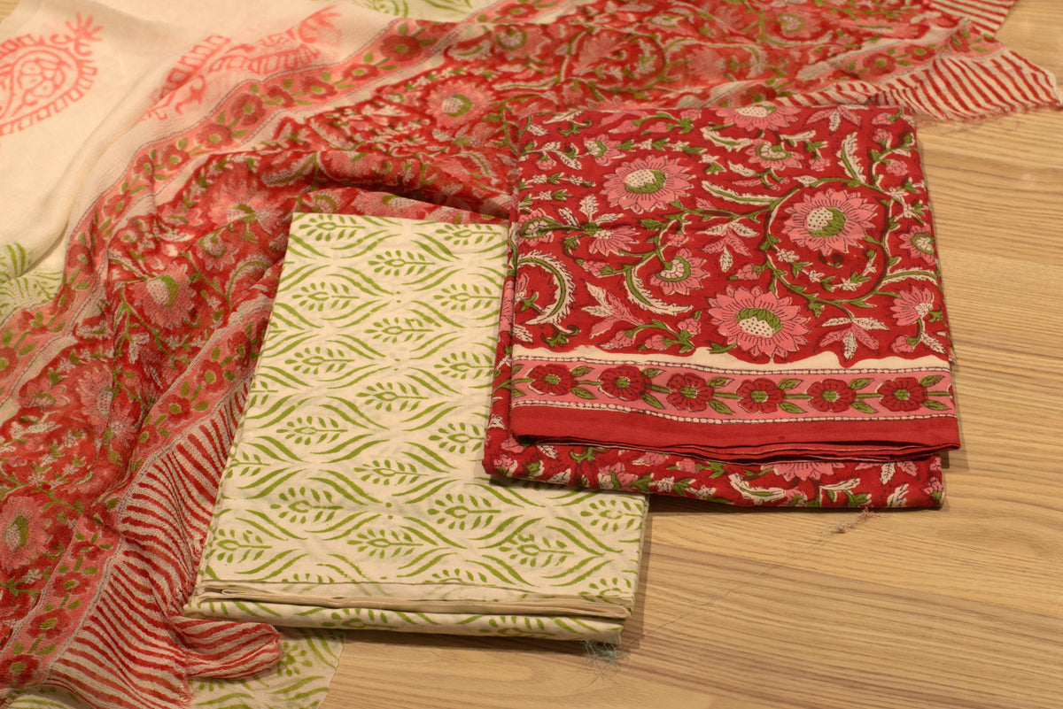 Floral Red & Sage Green Block Printed Cotton Unstitched Churidhar Dress Material Set