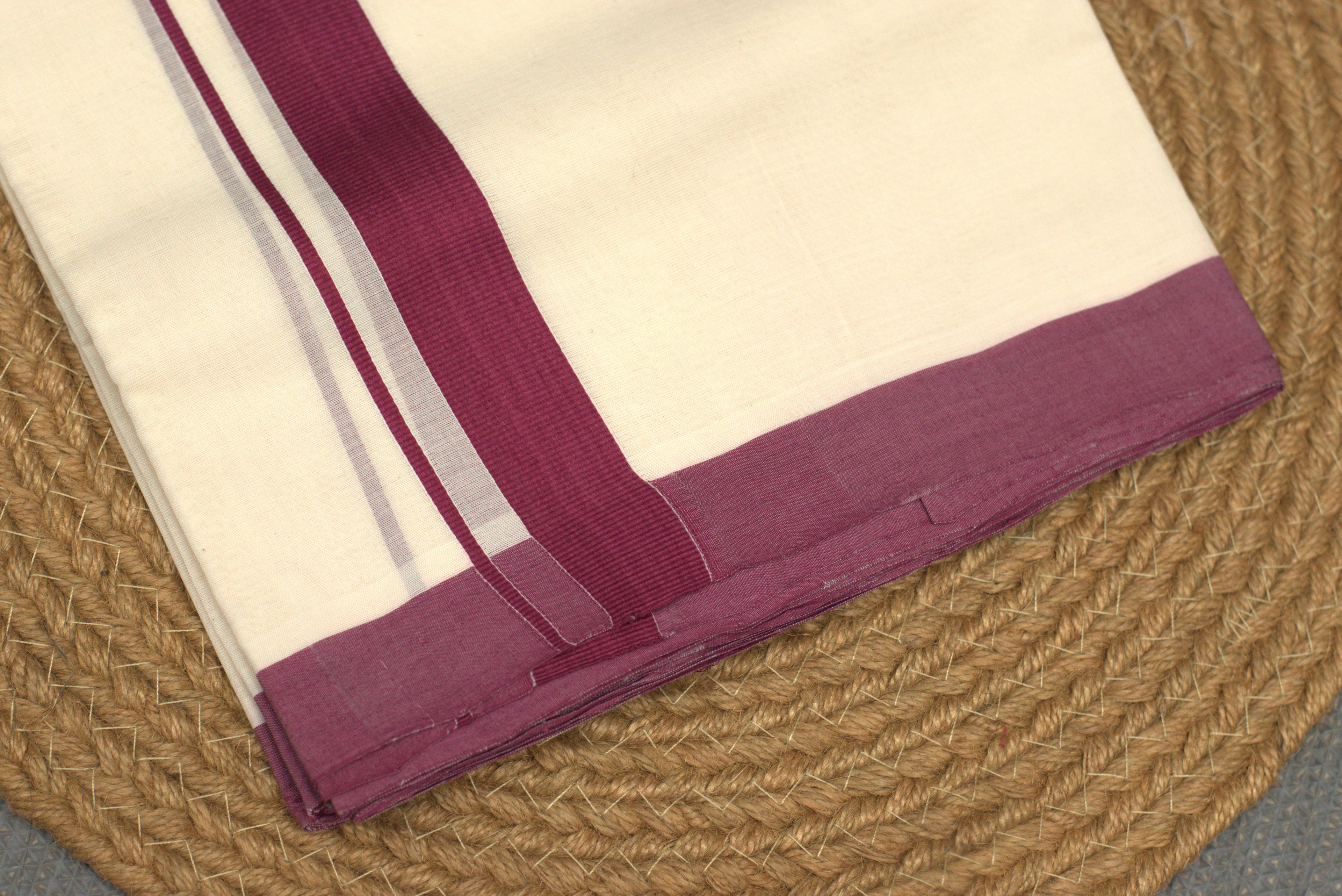 Premium Off White Kodi Cotton Double Mundu with Purple Kara Border
