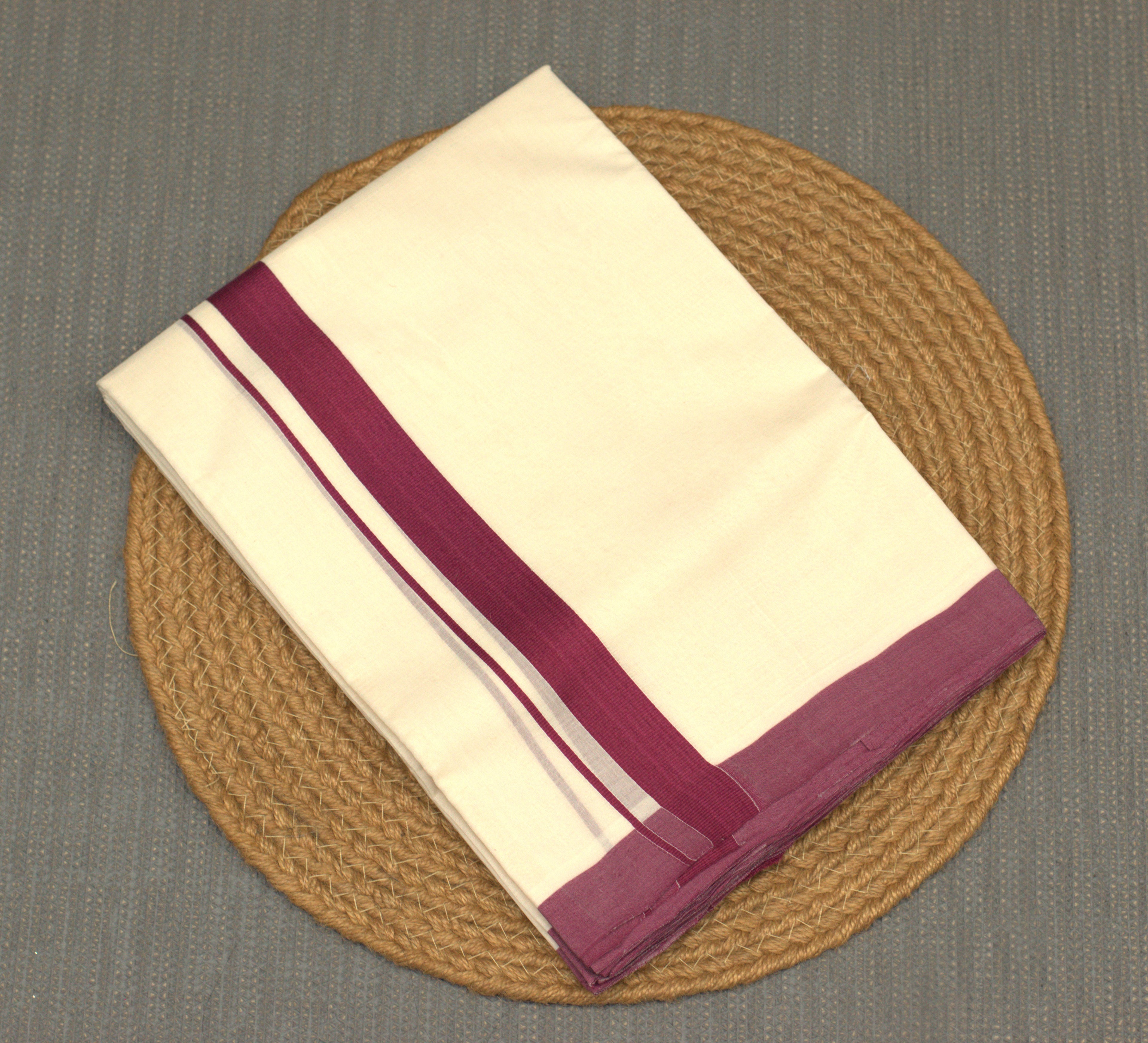 Premium Off White Kodi Cotton Double Mundu with Purple Kara Border