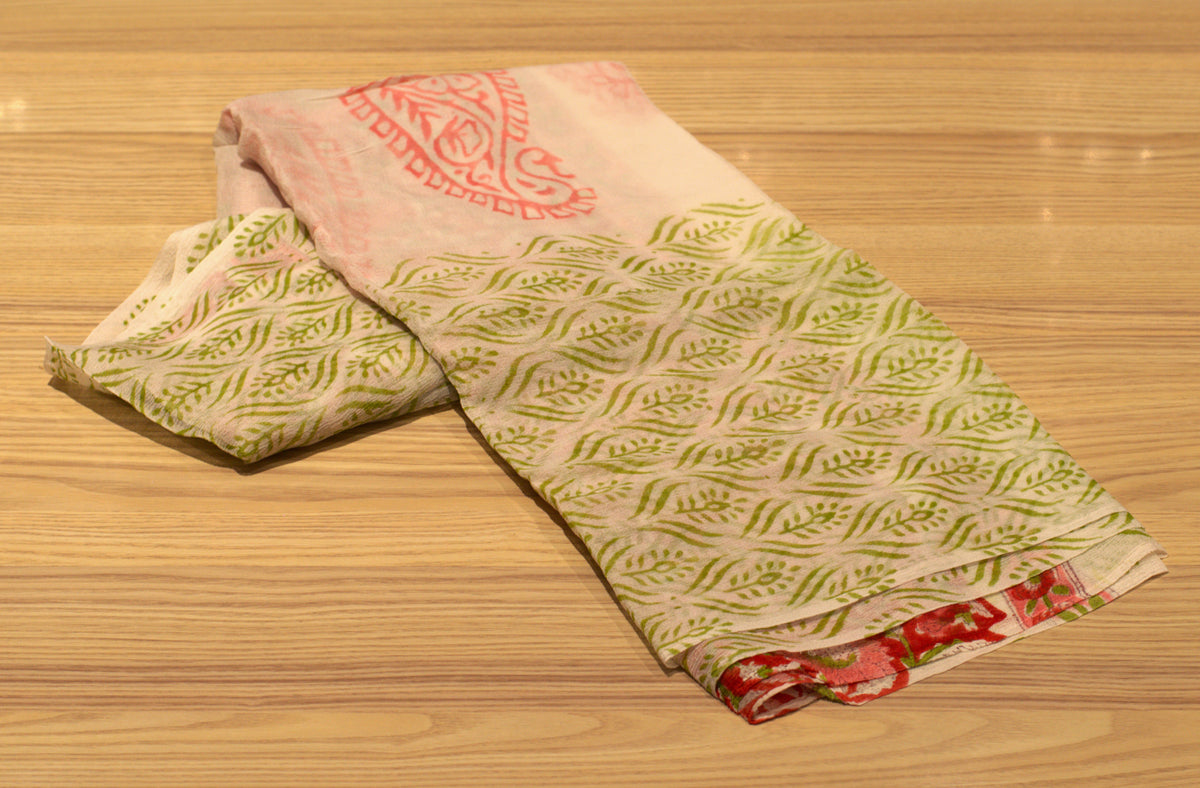 Floral Red & Sage Green Block Printed Cotton Unstitched Churidhar Dress Material Set