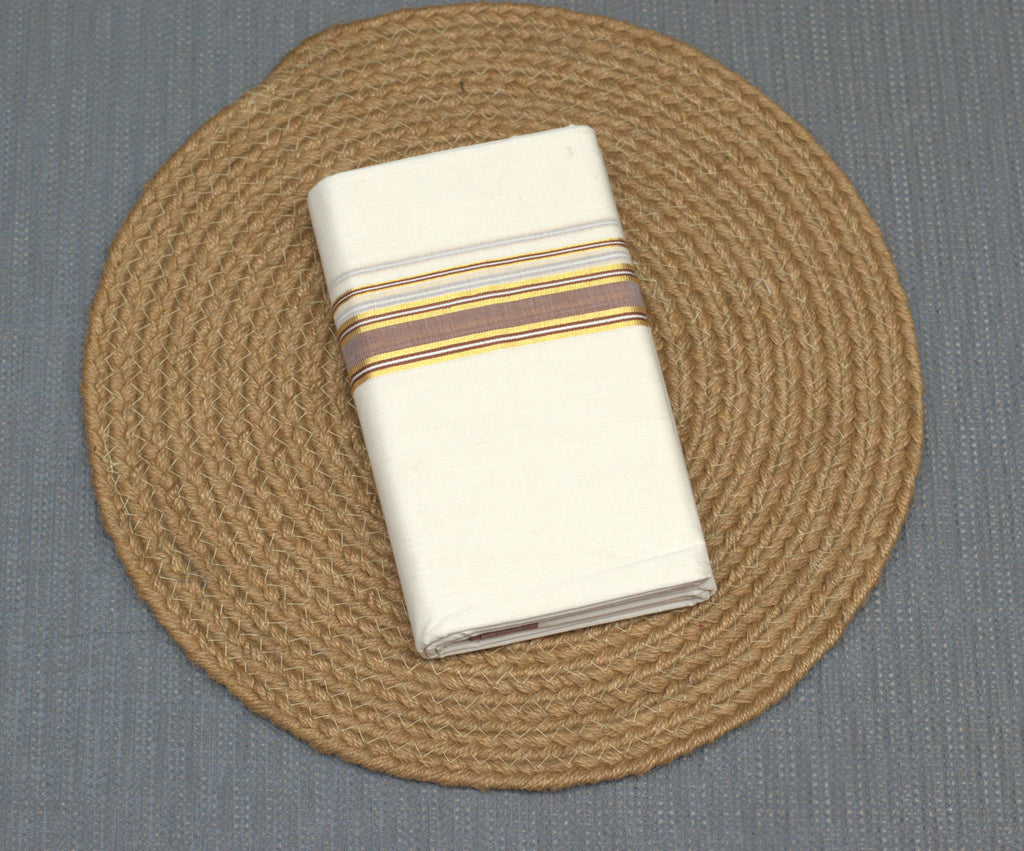 Premium Off White Kodi Cotton Double Mundu with Golden Kasavu & Sandal Border