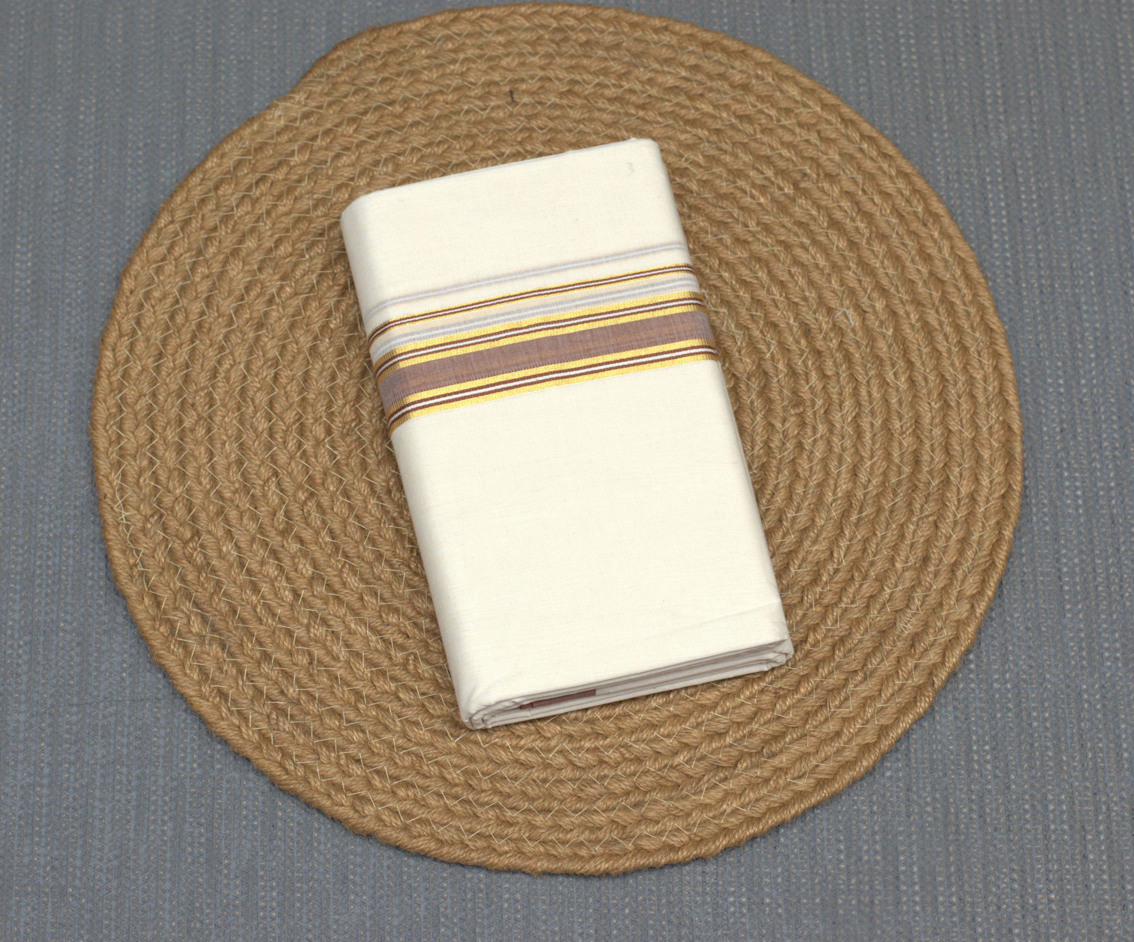 Premium Off White Kodi Cotton Double Mundu with Golden Kasavu & Sandal Border