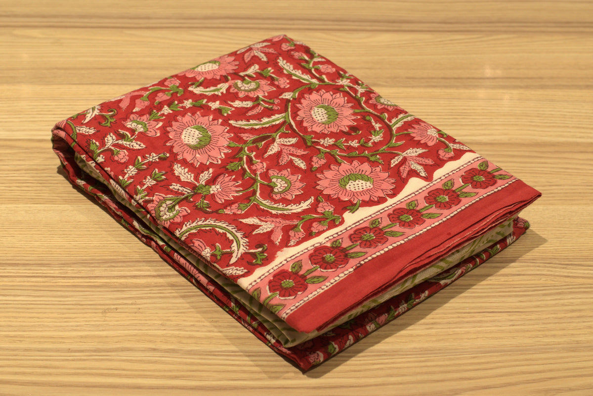Floral Red & Sage Green Block Printed Cotton Unstitched Churidhar Dress Material Set