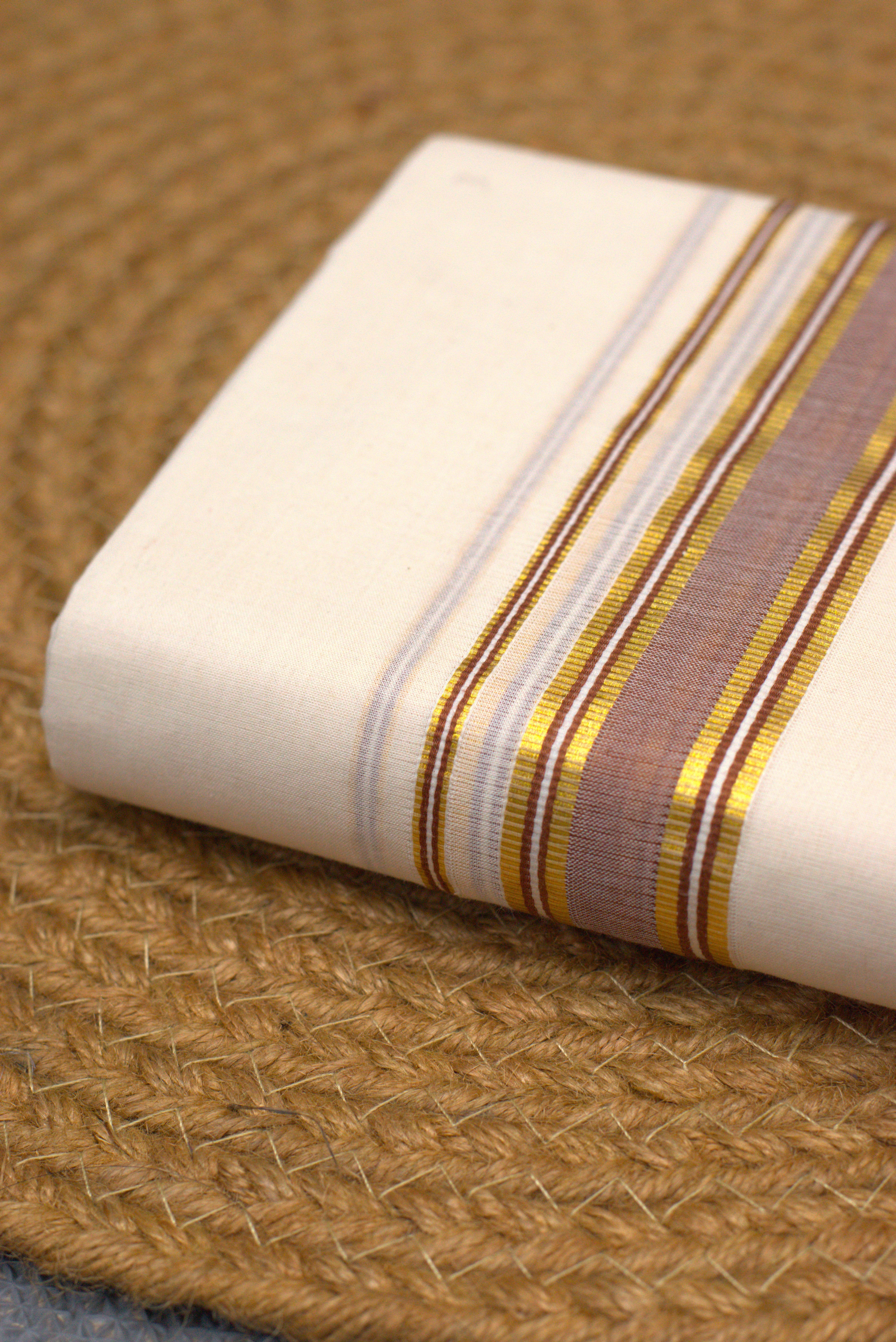 Premium Off White Kodi Cotton Double Mundu with Golden Kasavu & Sandal Border
