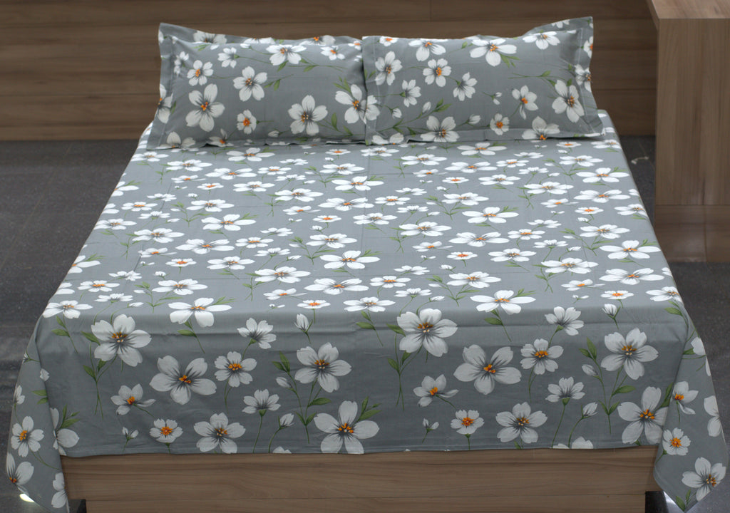 Grey & White Floral Print Queen Size Bedsheet with 2 Pillow Covers