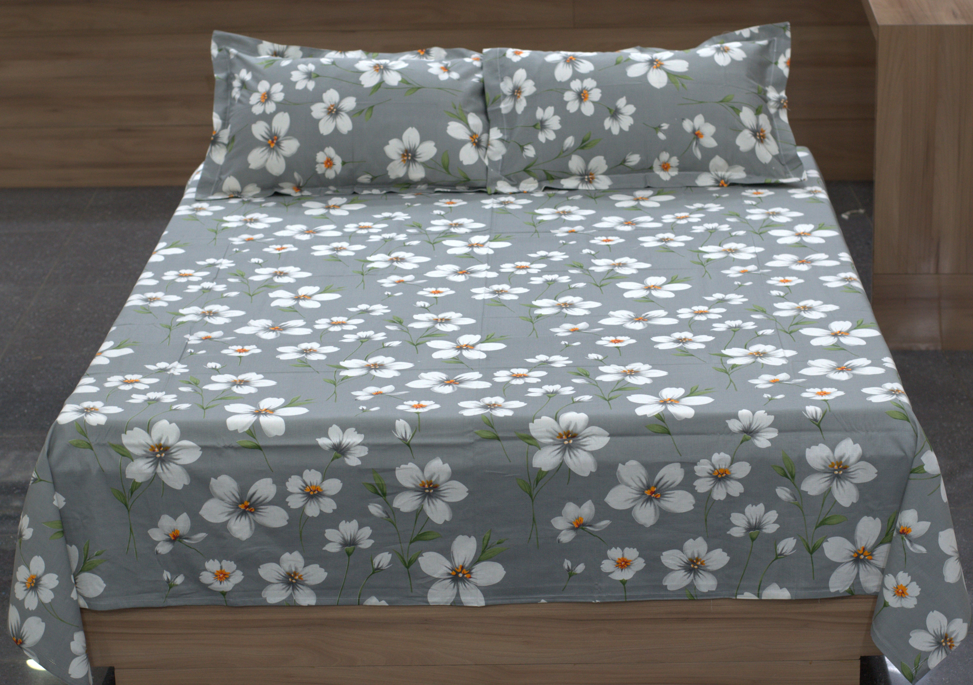 Grey & White Floral Print Queen Size Bedsheet with 2 Pillow Covers