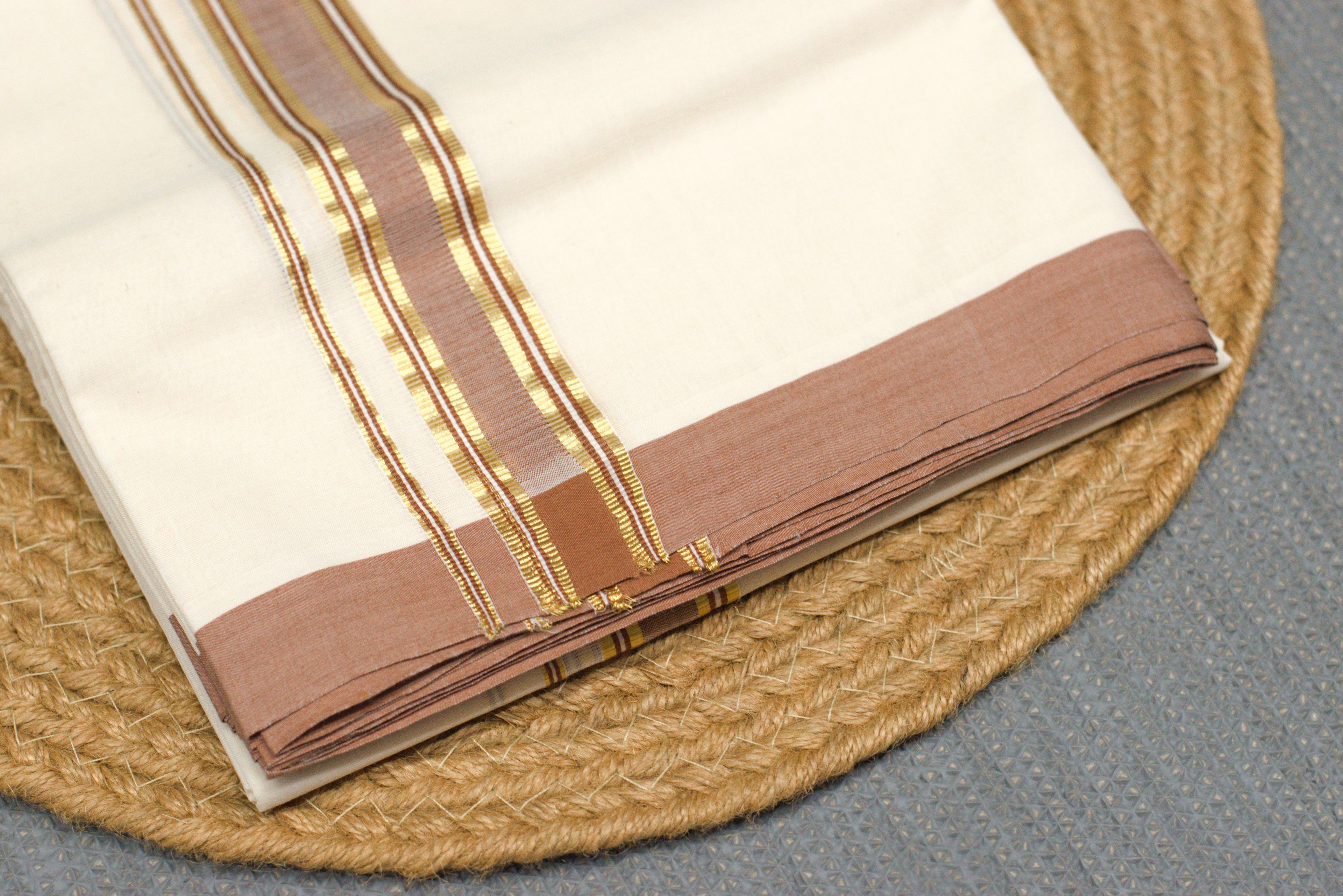 Premium Off White Kodi Cotton Double Mundu with Golden Kasavu & Sandal Border