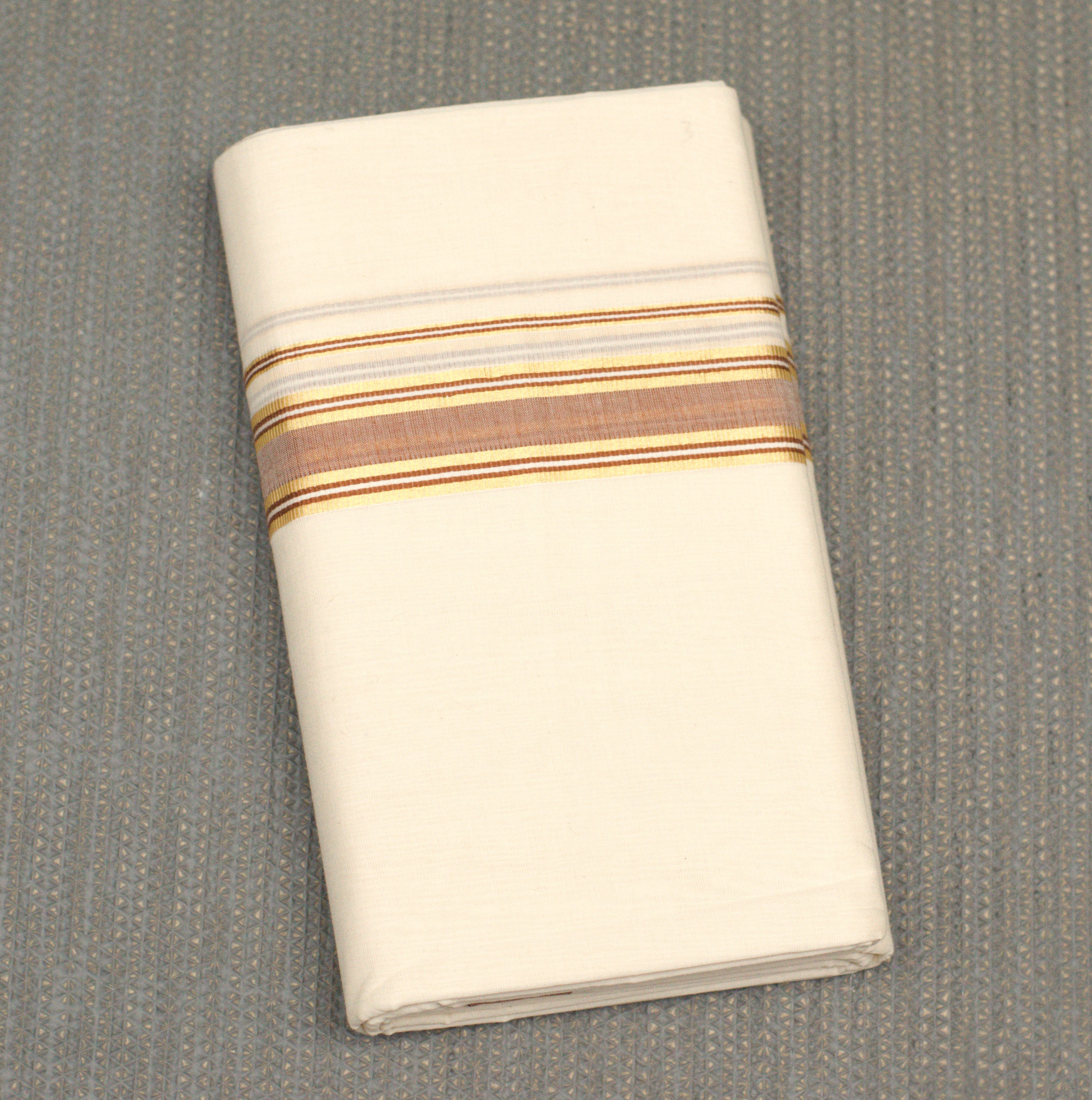 Premium Off White Kodi Cotton Double Mundu with Golden Kasavu & Sandal Border