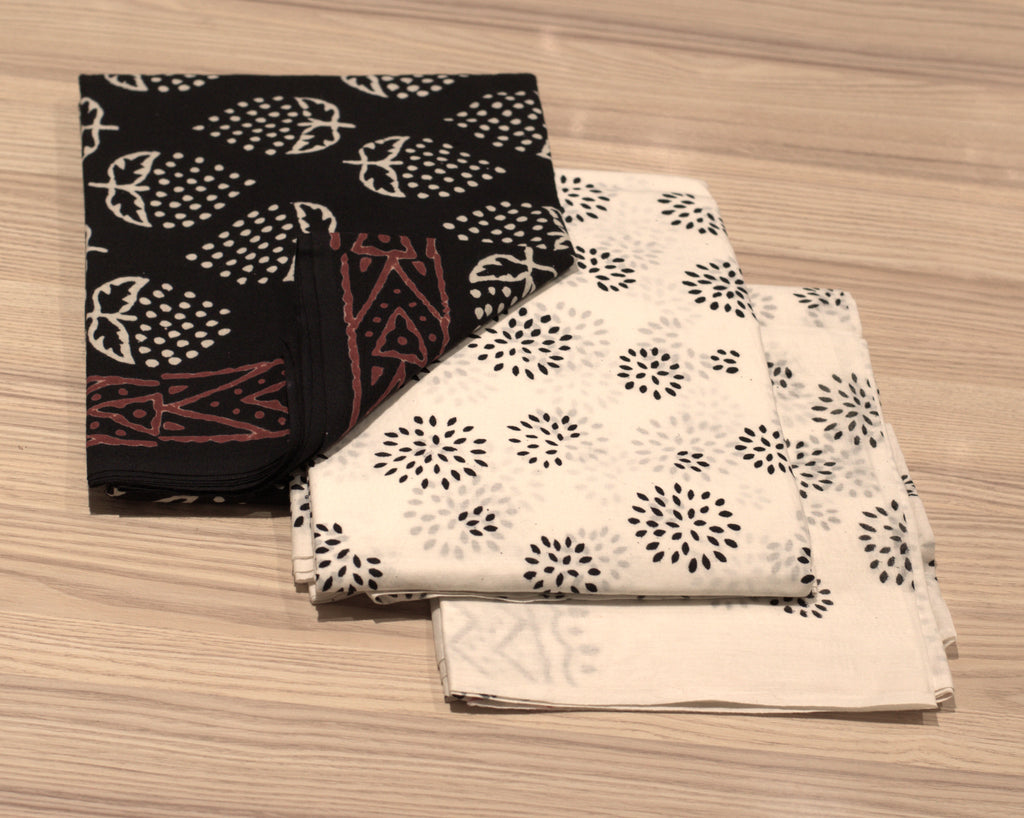 Black and Off-White Hand Block Print Pure Cotton Unstitched Churidhar Set  Material