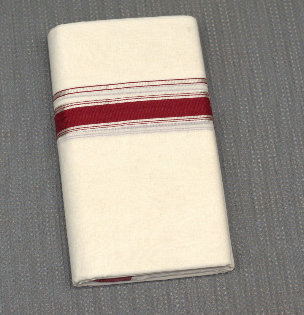 Traditional Off-White Cotton Double Mundu with Maroon Border (Kodi Mundu
