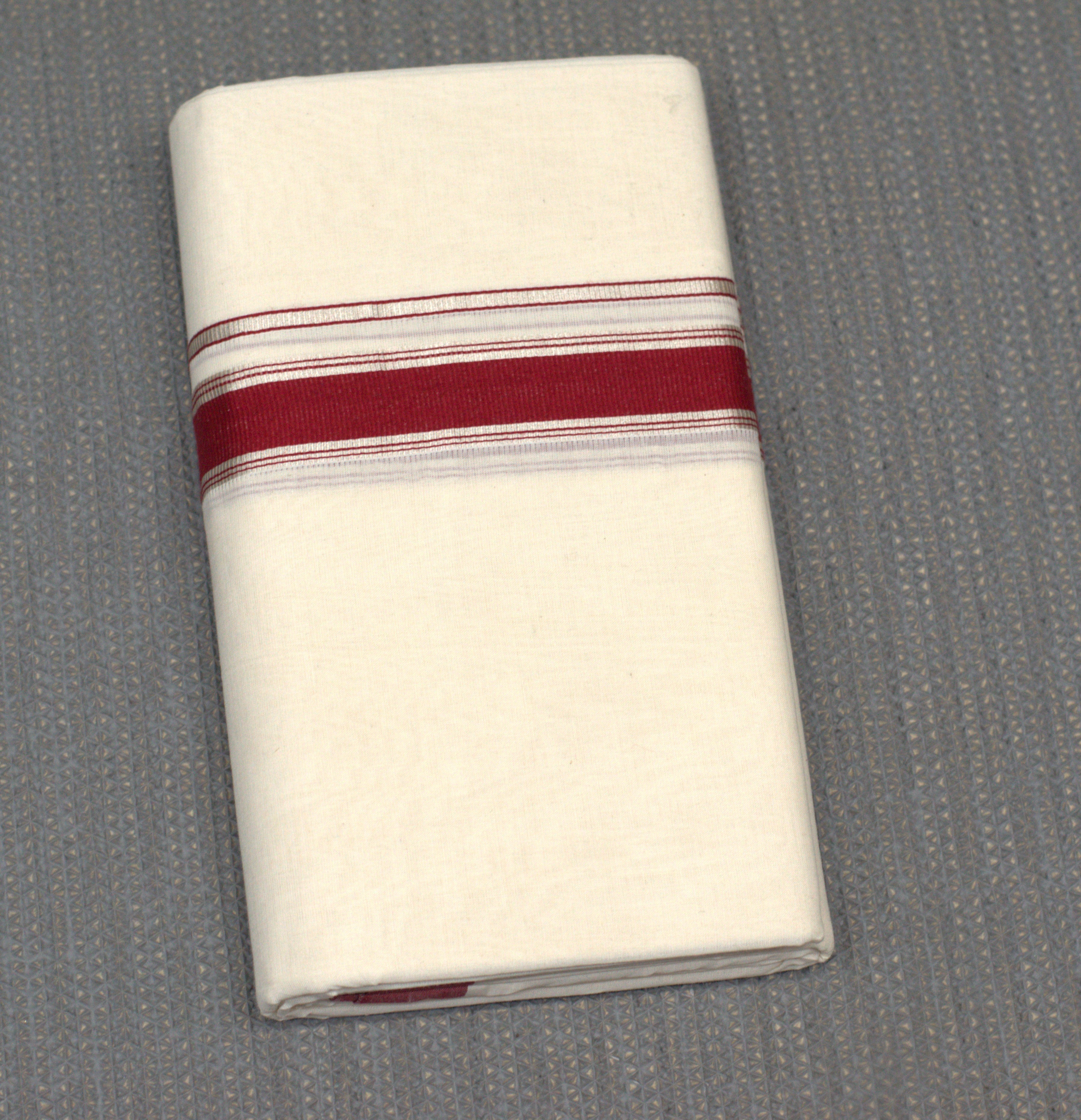Traditional Off-White Cotton Double Mundu with Maroon Border (Kodi Mundu