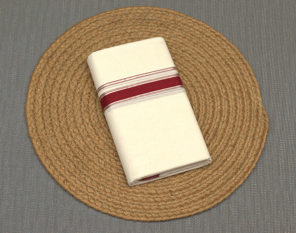 Traditional Off-White Cotton Double Mundu with Maroon Border (Kodi Mundu