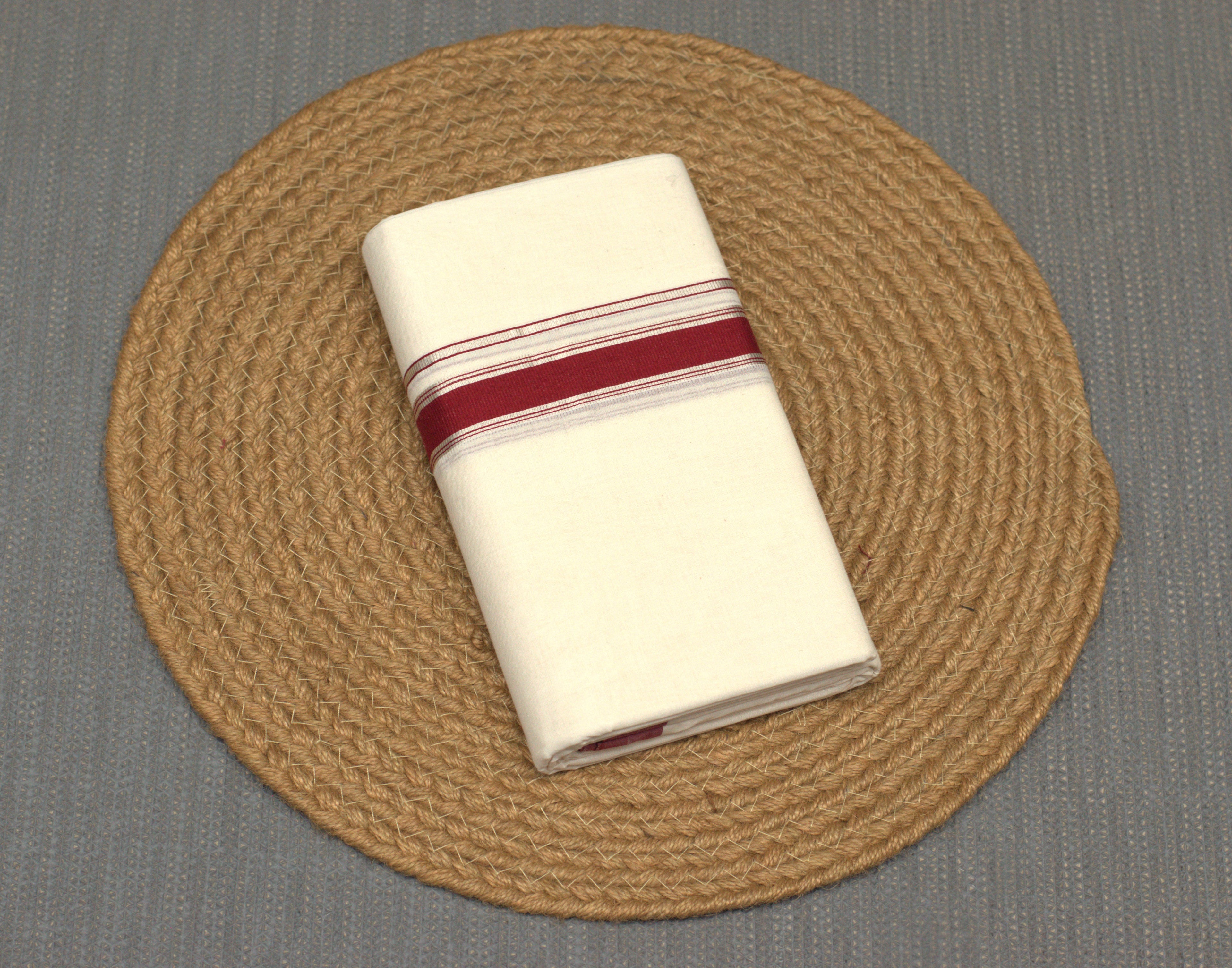Traditional Off-White Cotton Double Mundu with Maroon Border (Kodi Mundu