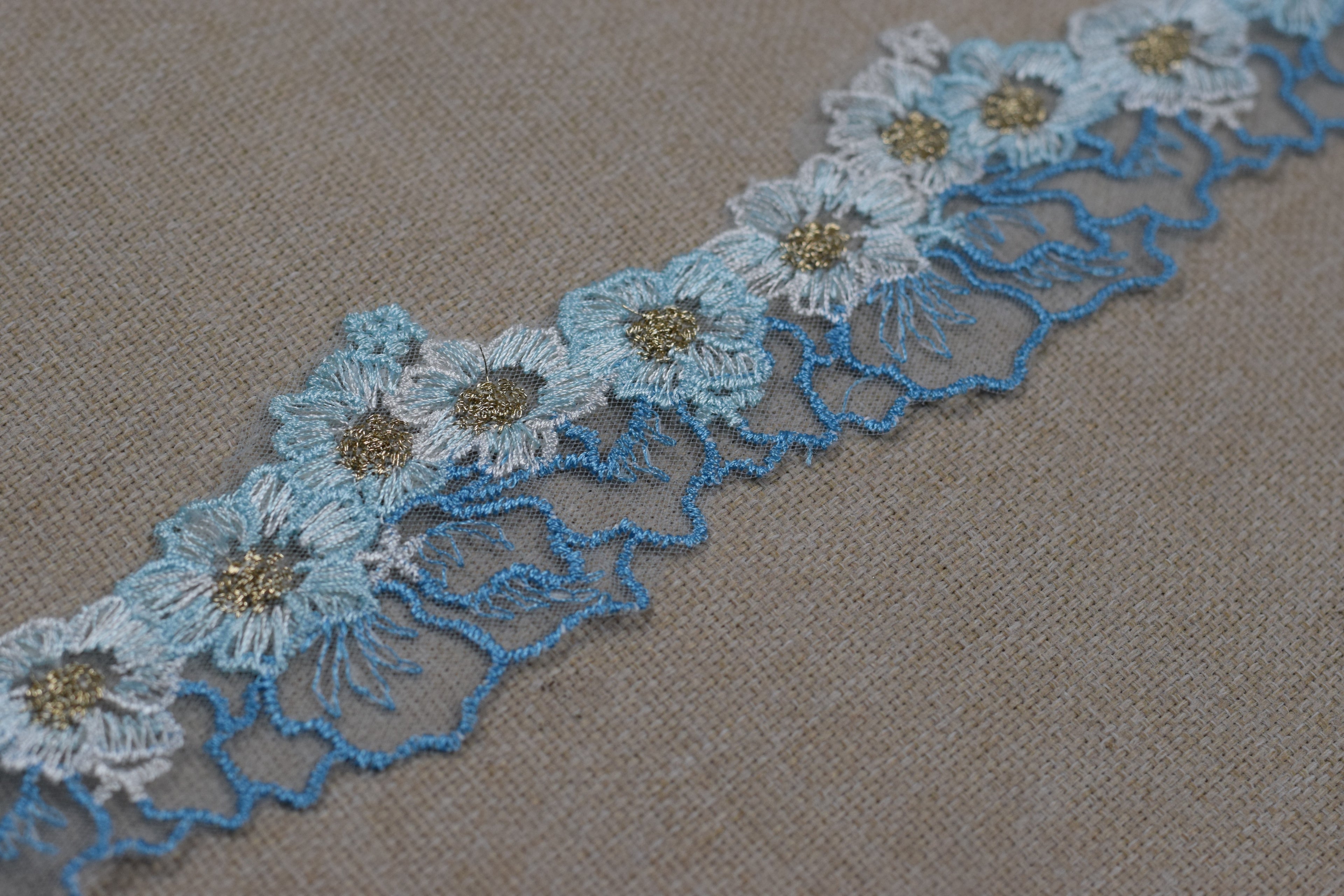 Floral Embroidered Net Lace Trim – Baby Blue, White & Gold | Decorative Sewing & Dress Border | 10 Yards (9.1 m)