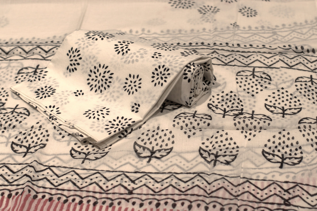 Black and Off-White Hand Block Print Pure Cotton Unstitched Churidhar Set  Material