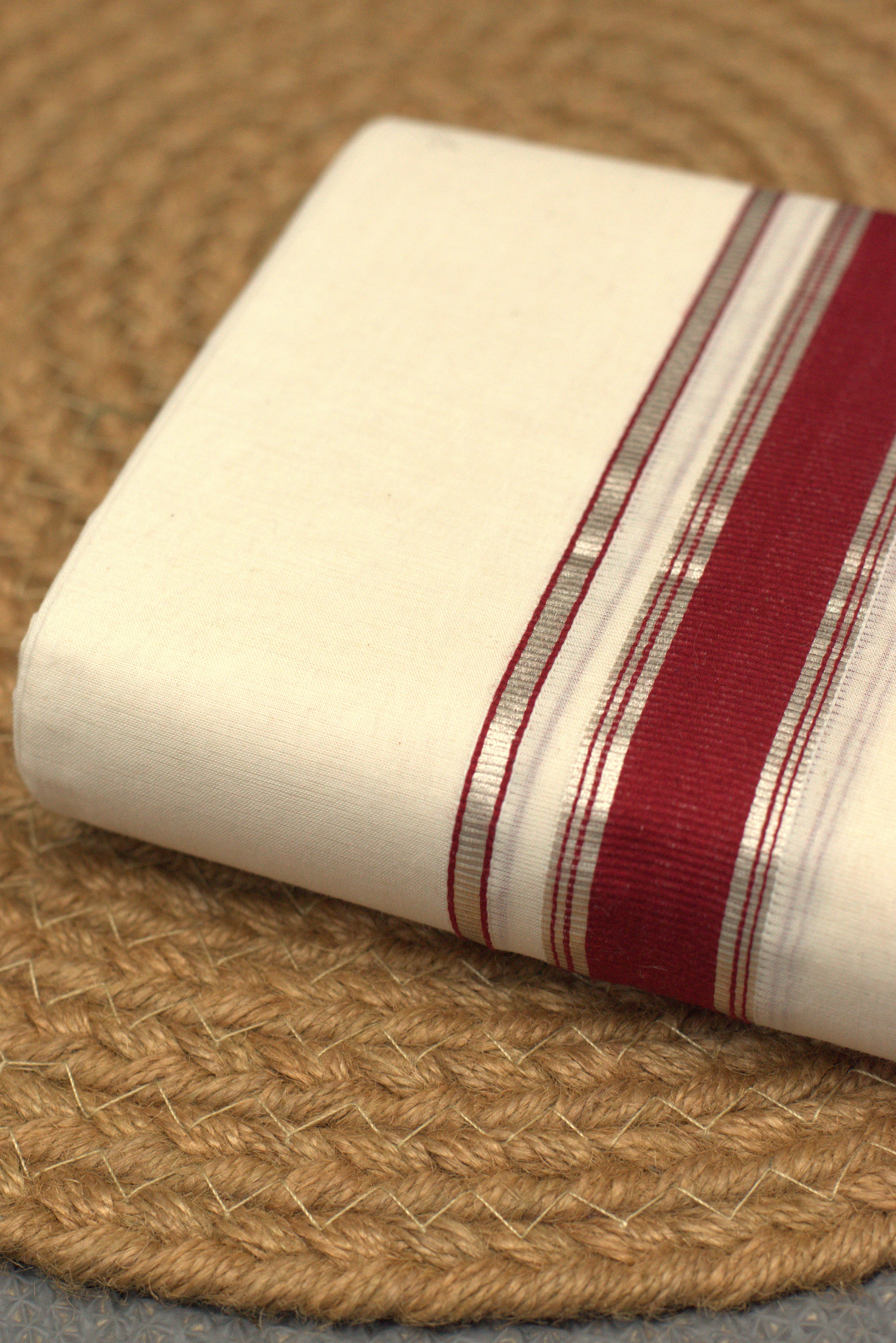 Traditional Off-White Cotton Double Mundu with Maroon Border (Kodi Mundu