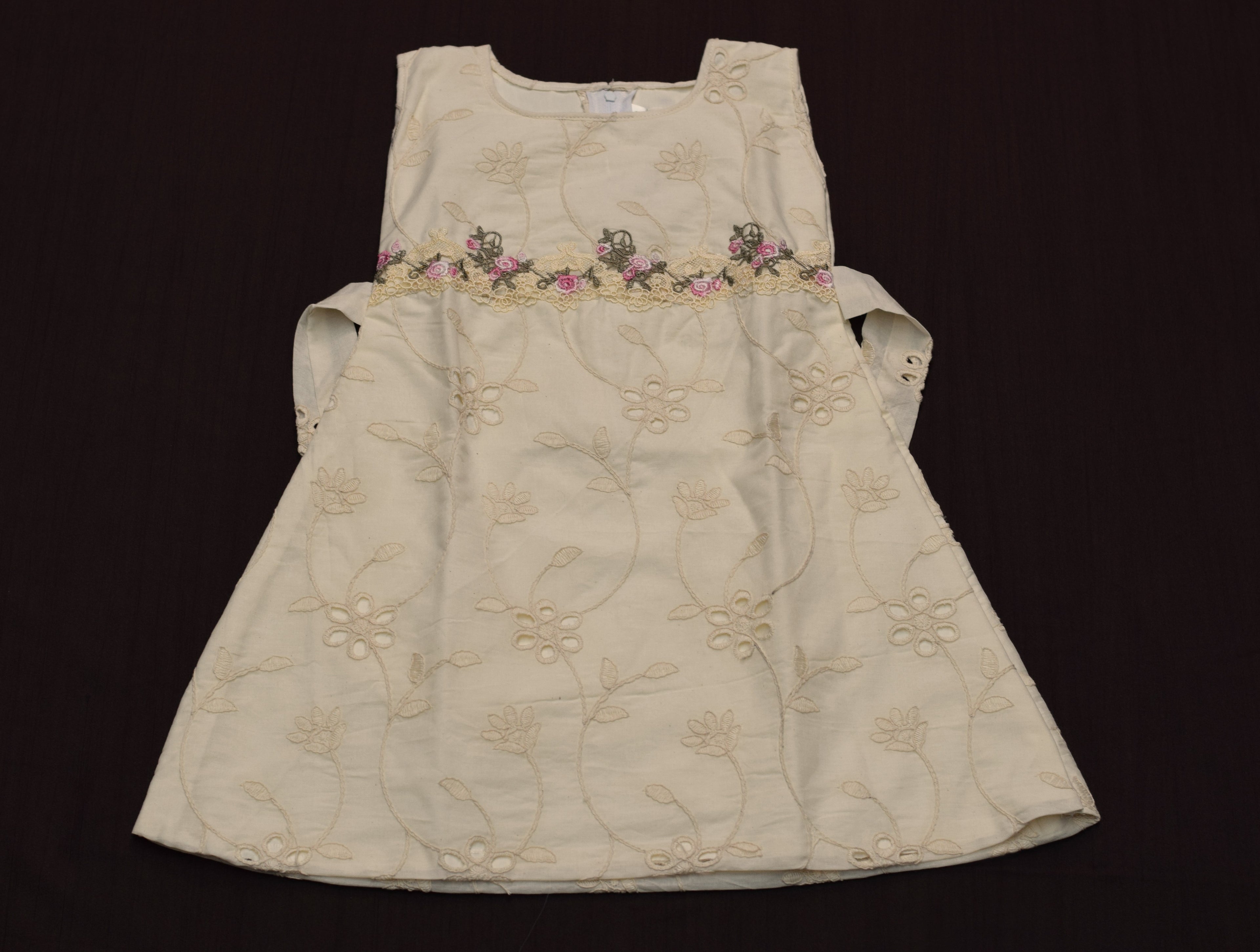 Cream Floral Embroidered Kids Frock