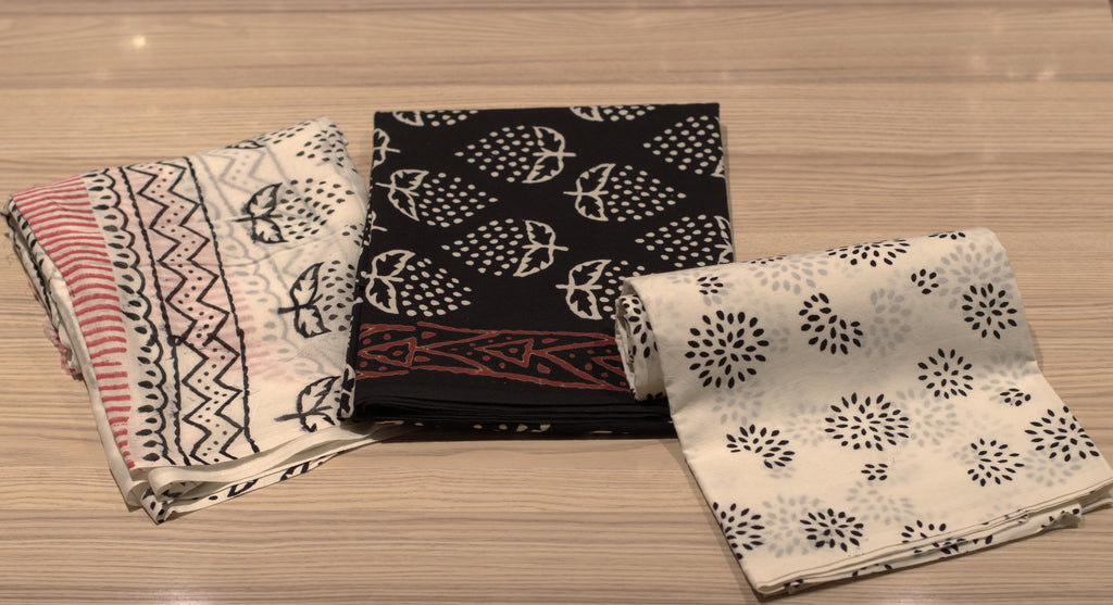 Black and Off-White Hand Block Print Pure Cotton Unstitched Churidhar Set  Material