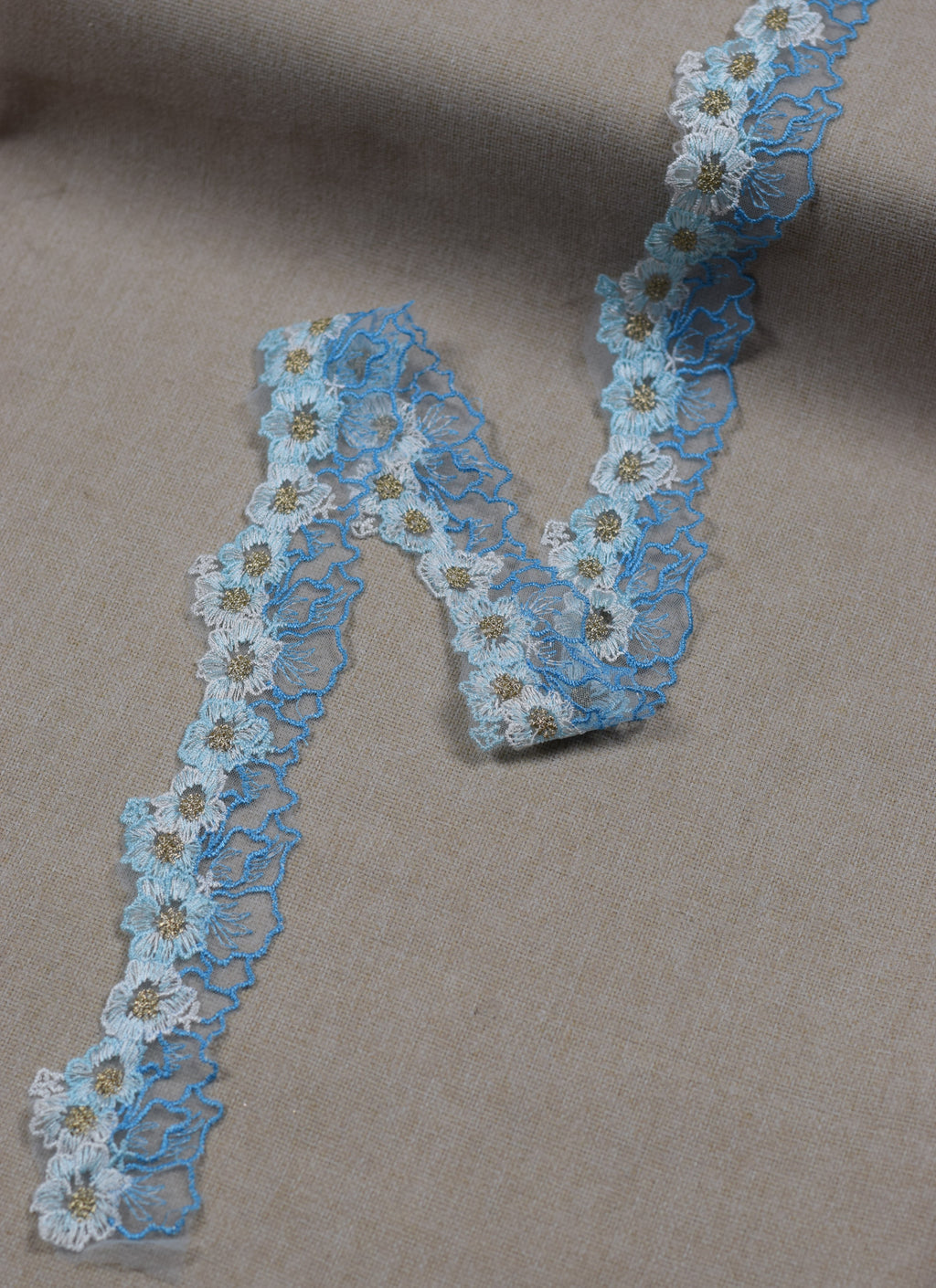 Floral Embroidered Net Lace Trim – Baby Blue, White & Gold | Decorative Sewing & Dress Border | 10 Yards (9.1 m)