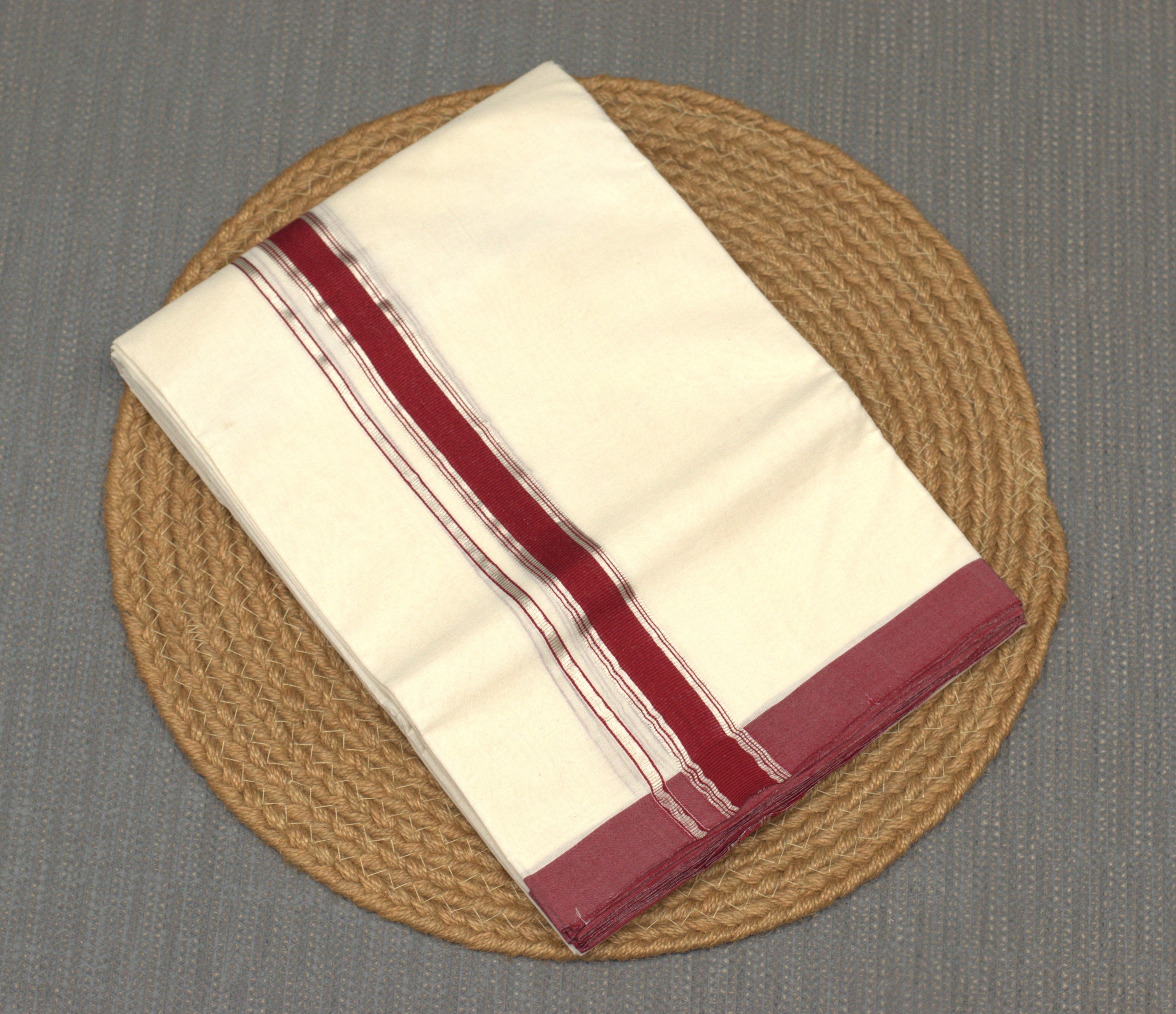 Traditional Off-White Cotton Double Mundu with Maroon Border (Kodi Mundu
