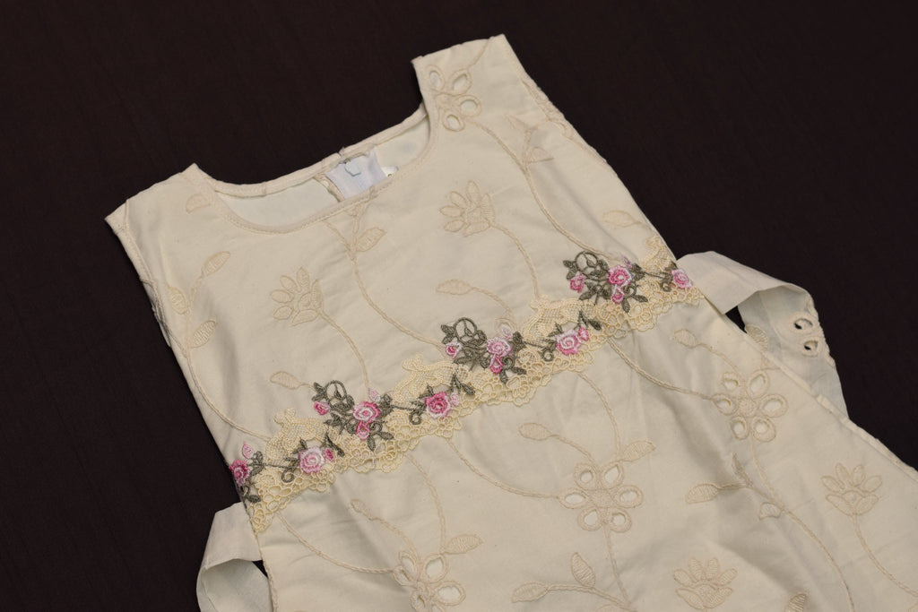 Cream Floral Embroidered Kids Frock