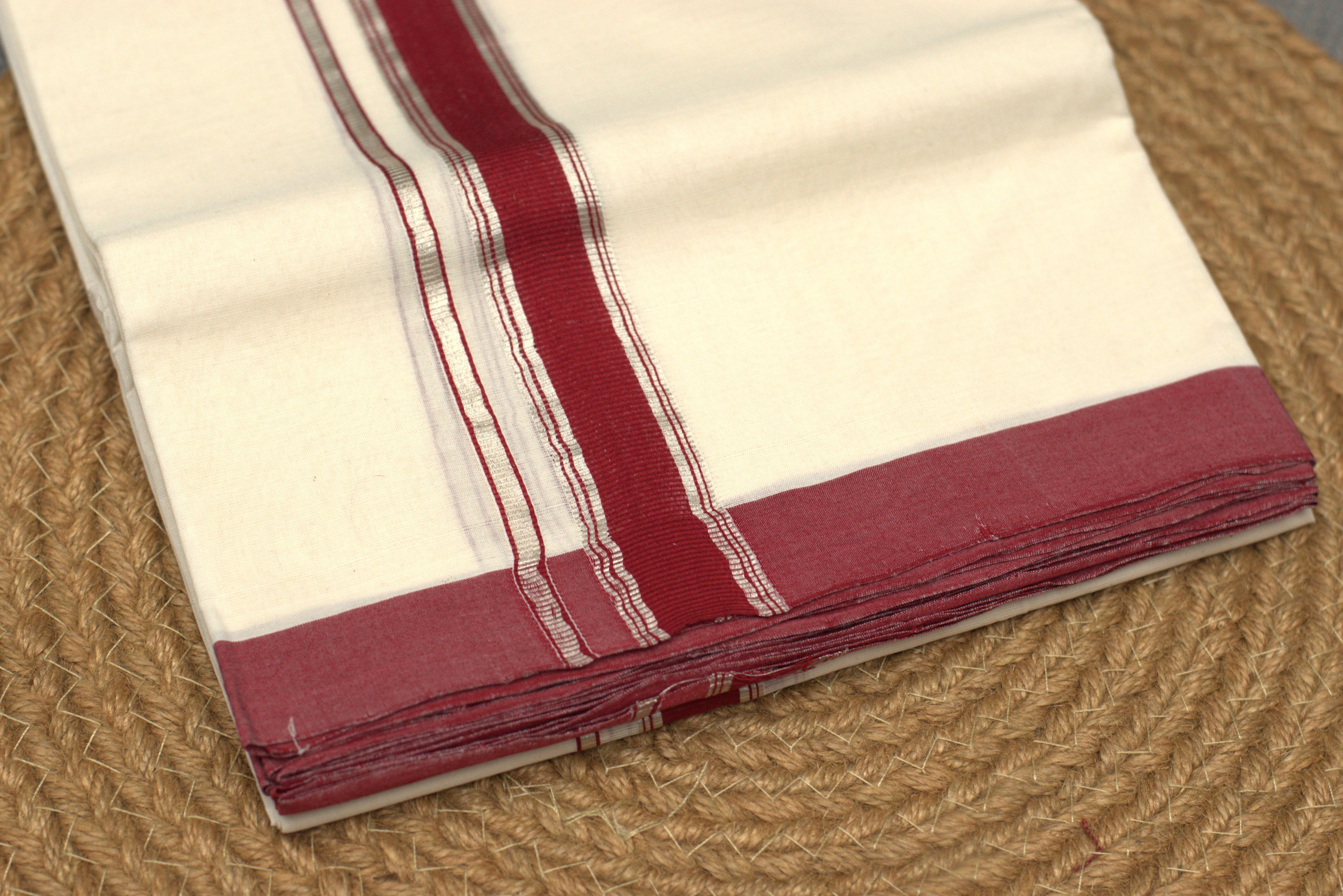 Traditional Off-White Cotton Double Mundu with Maroon Border (Kodi Mundu
