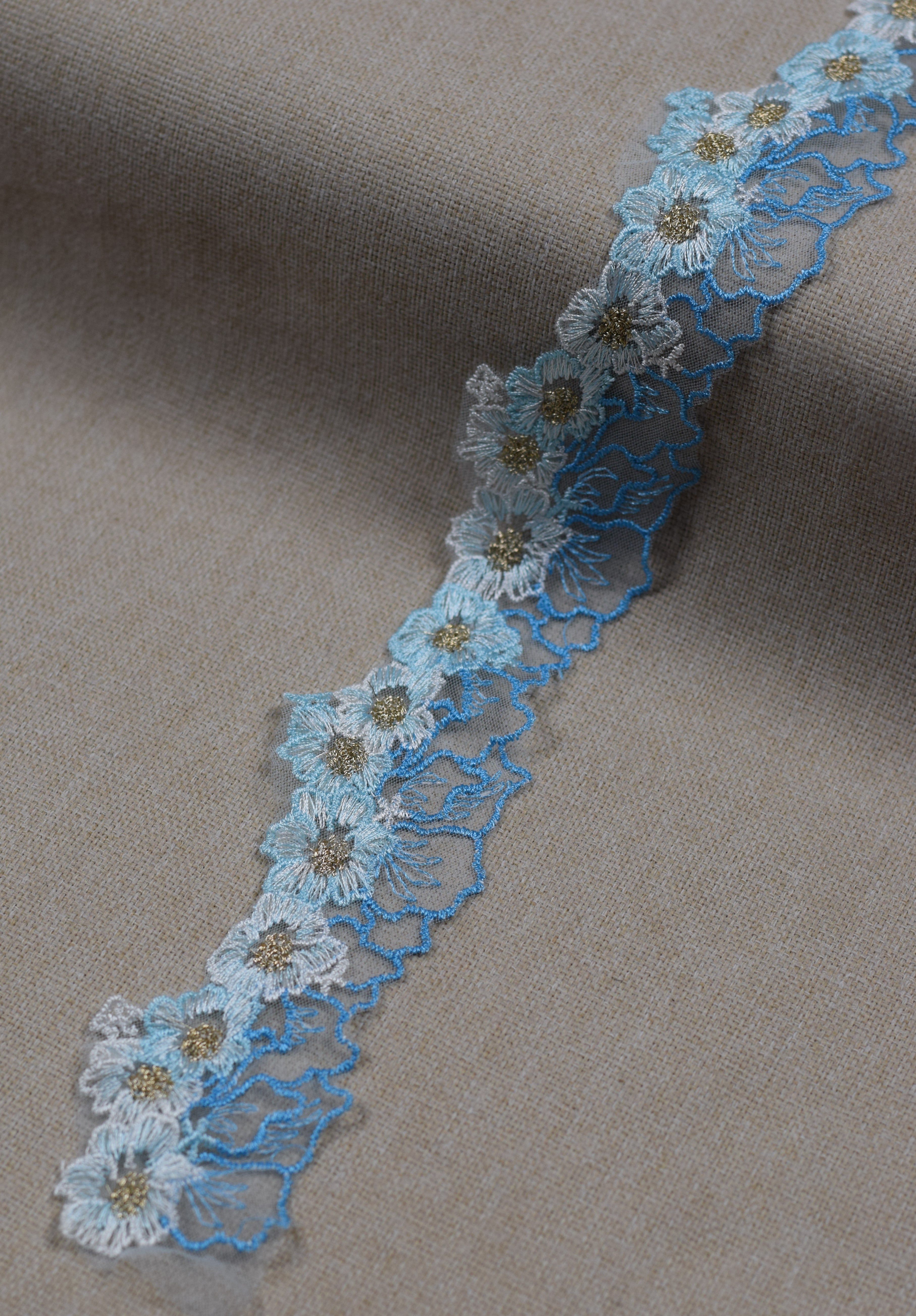 Floral Embroidered Net Lace Trim – Baby Blue, White & Gold | Decorative Sewing & Dress Border | 10 Yards (9.1 m)