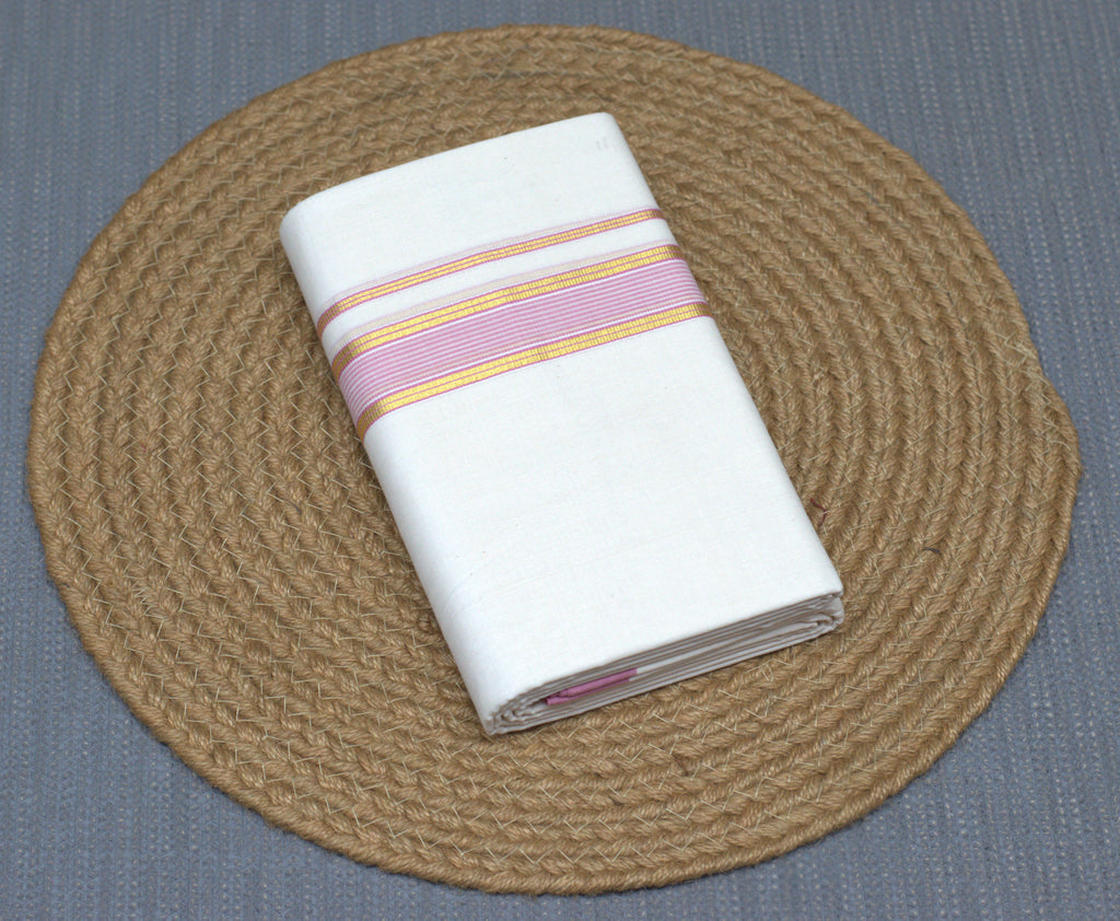 Elegant Off-White Cotton Double Kodi Mundu with Pink & Gold Border
