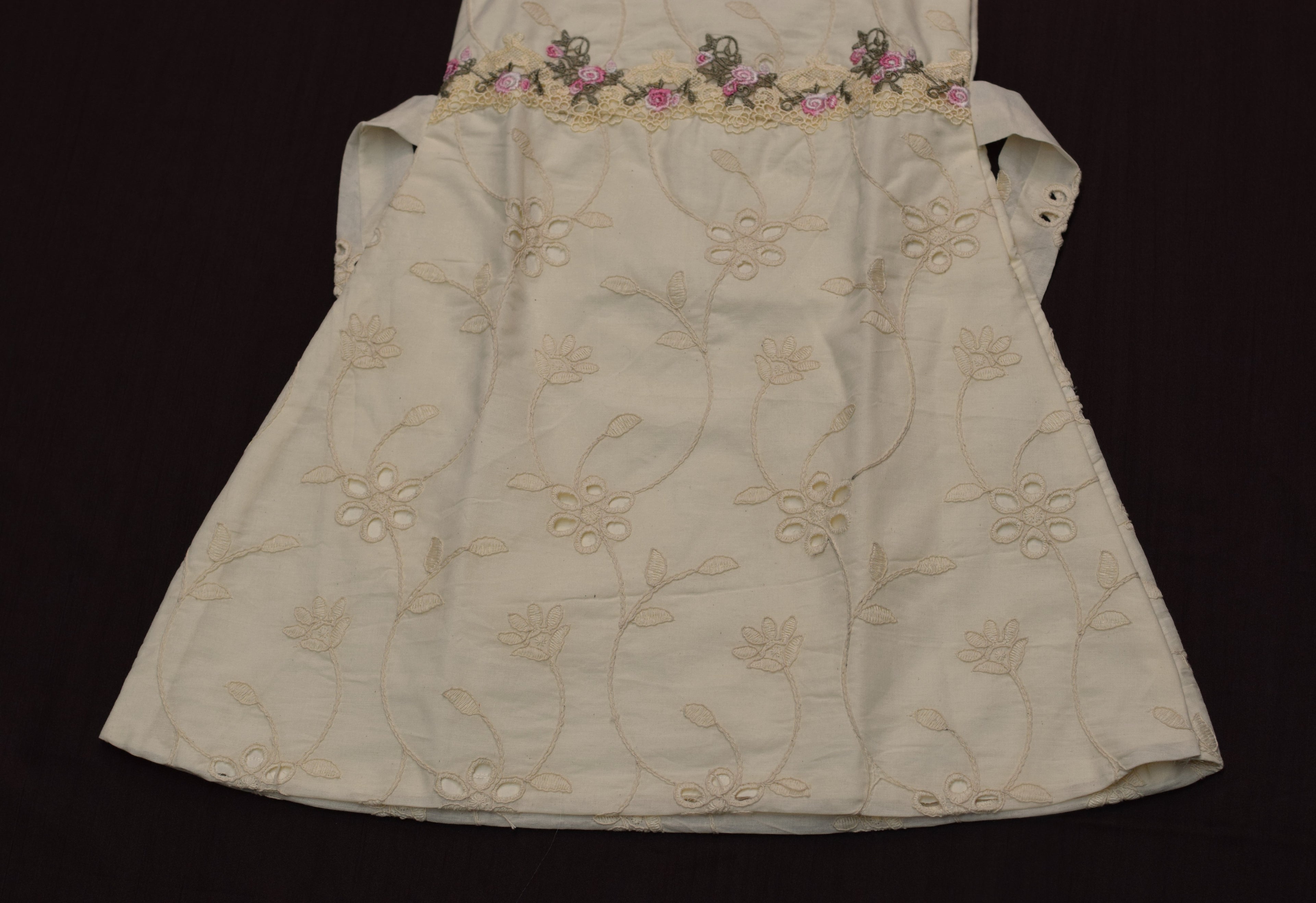 Cream Floral Embroidered Kids Frock