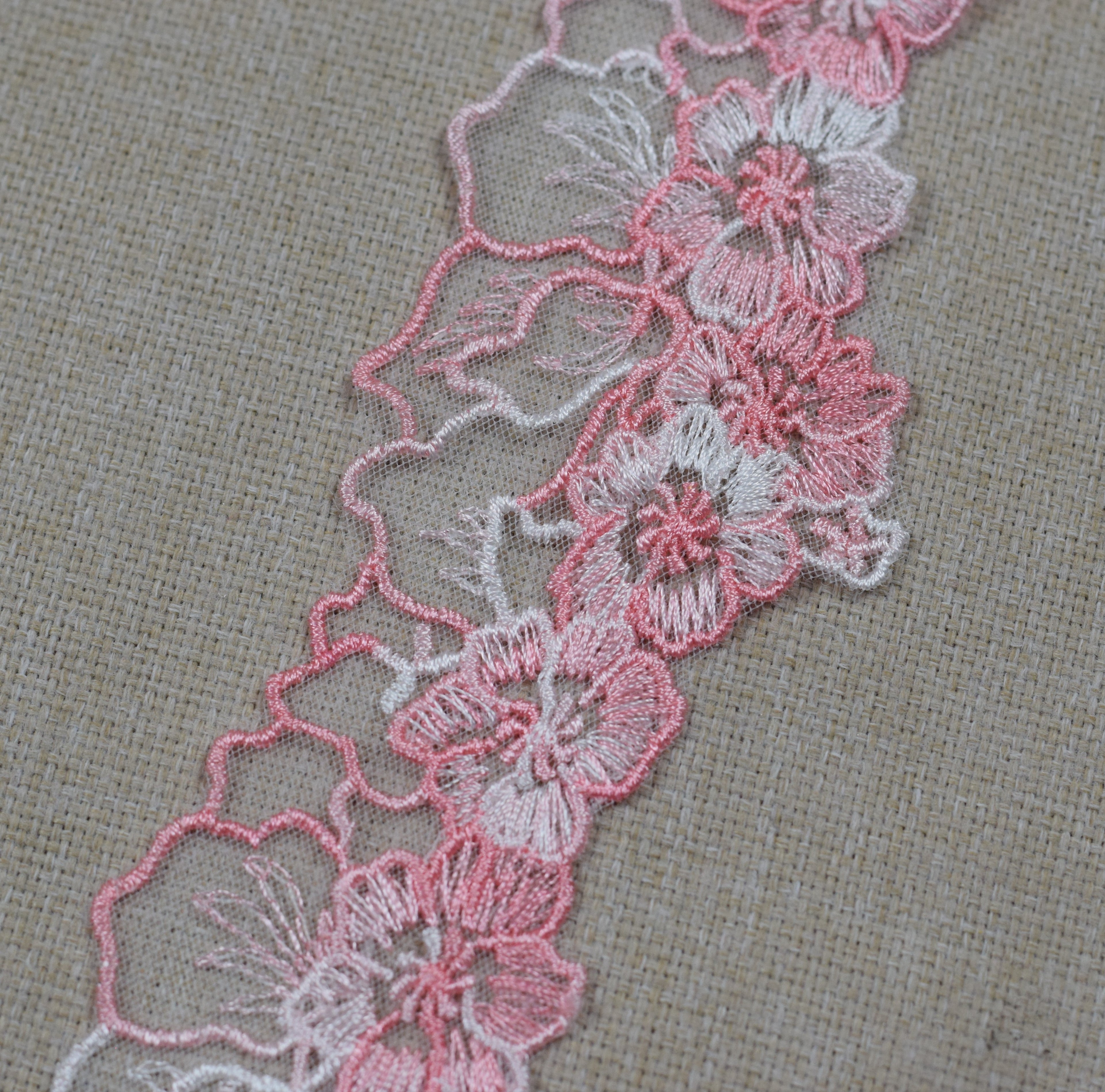 Floral Embroidered Net Lace Trim – Baby Pink & Off White | Decorative Sewing & Craft Lace | 10 Yards (9.1 Meters)
