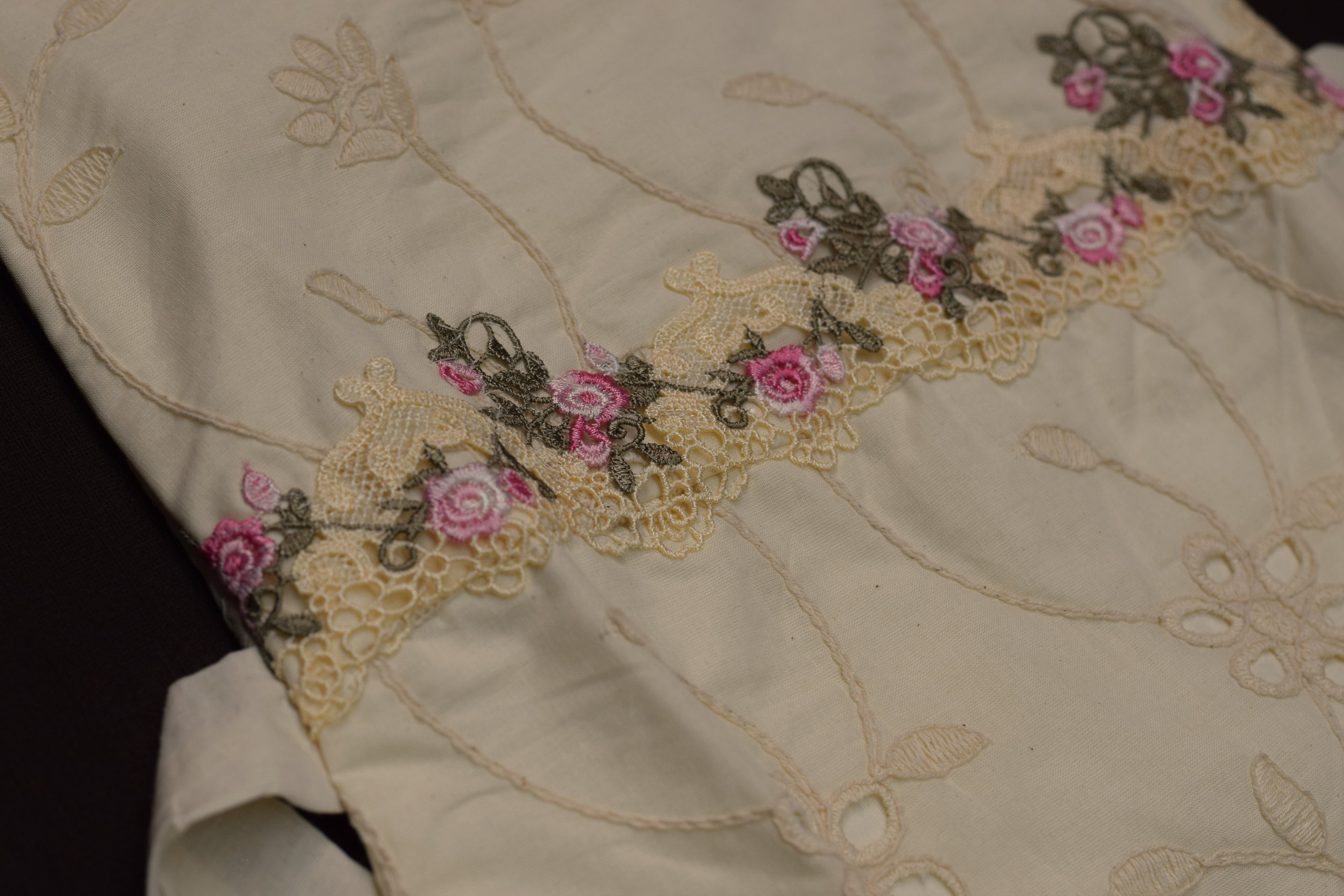 Cream Floral Embroidered Kids Frock