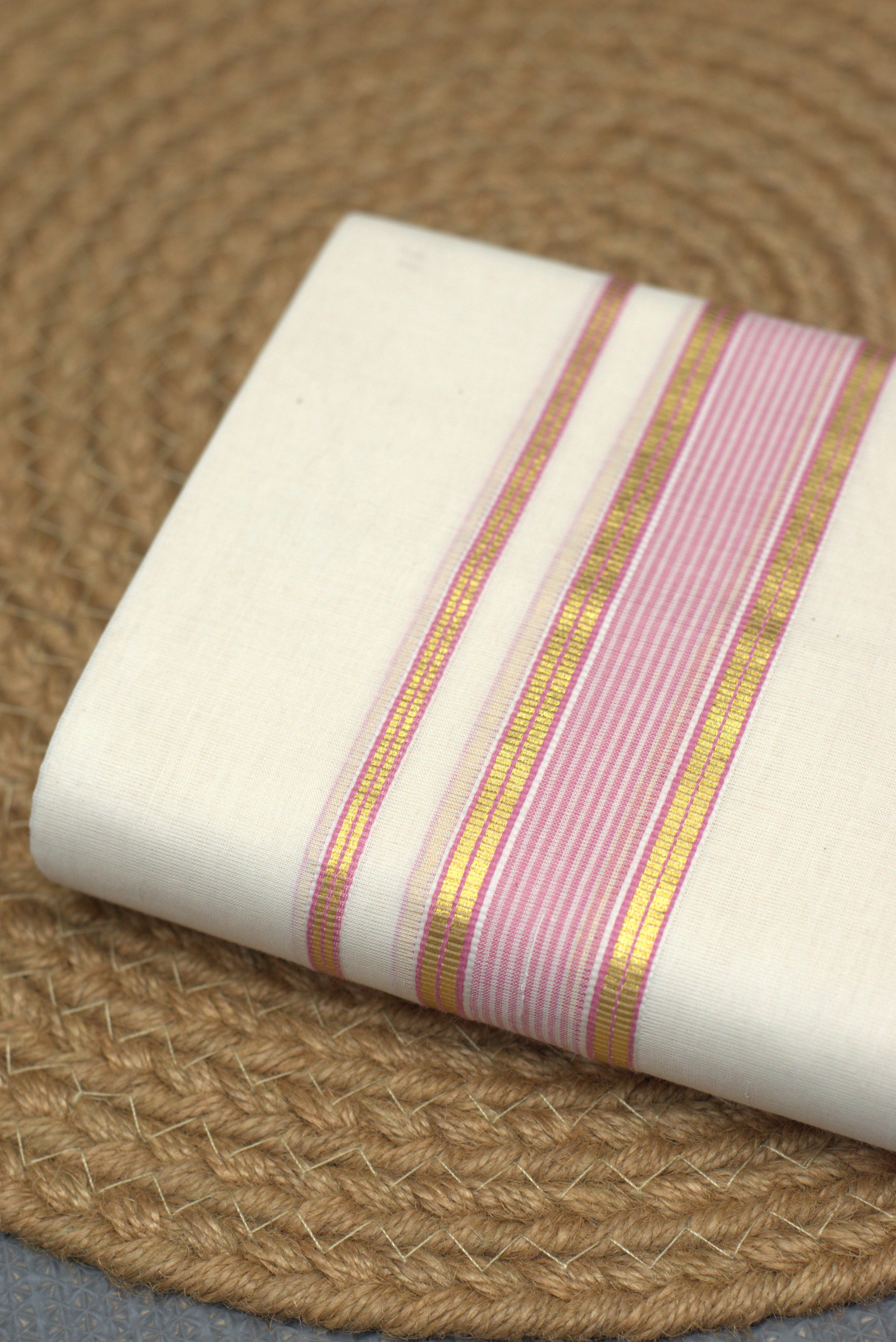 Elegant Off-White Cotton Double Kodi Mundu with Pink & Gold Border