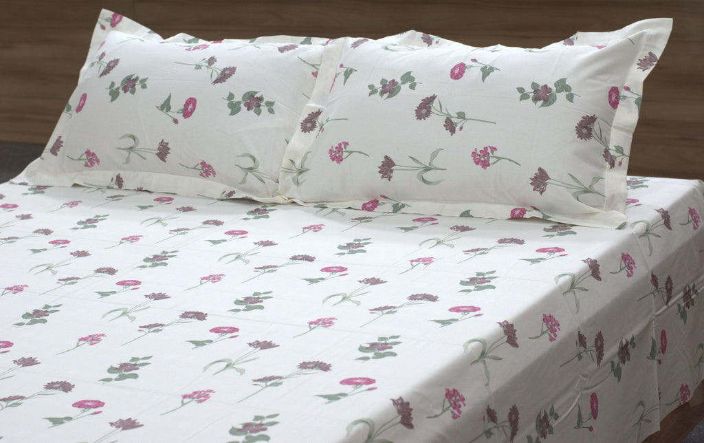 Queen Size White Floral Printed Bedsheet with 2 Pillow Covers – Cotton Comfort
