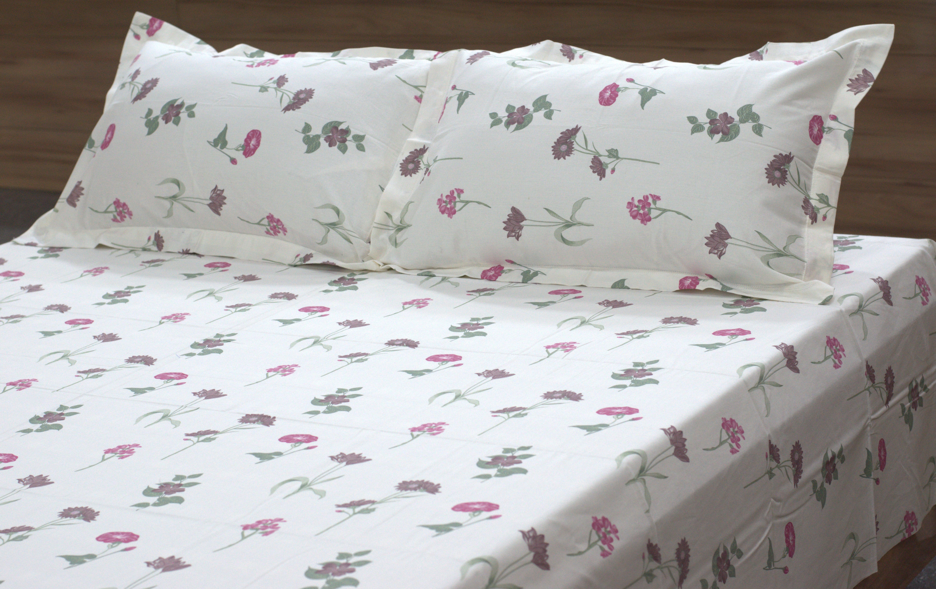 Queen Size White Floral Printed Bedsheet with 2 Pillow Covers – Cotton Comfort