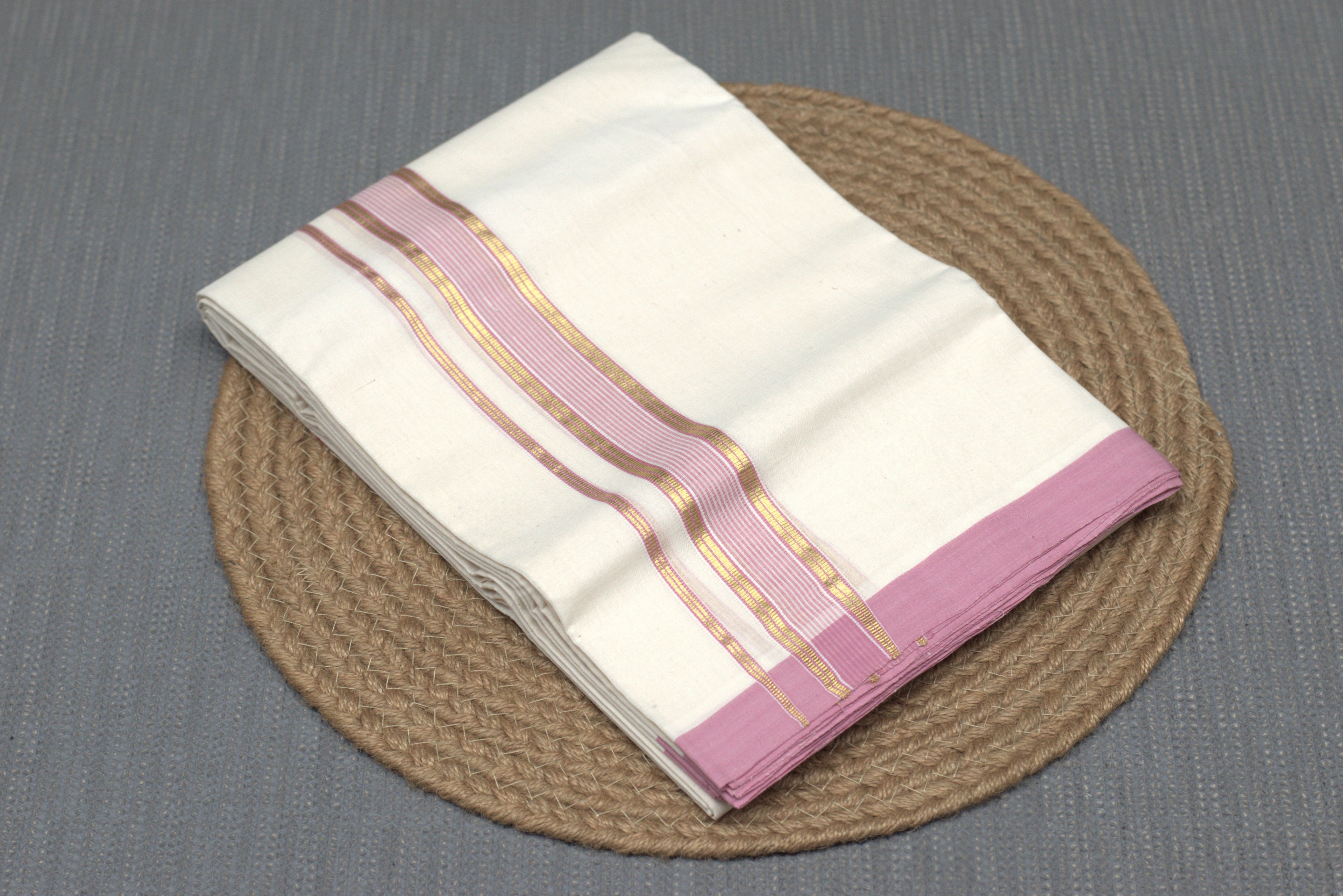 Elegant Off-White Cotton Double Kodi Mundu with Pink & Gold Border