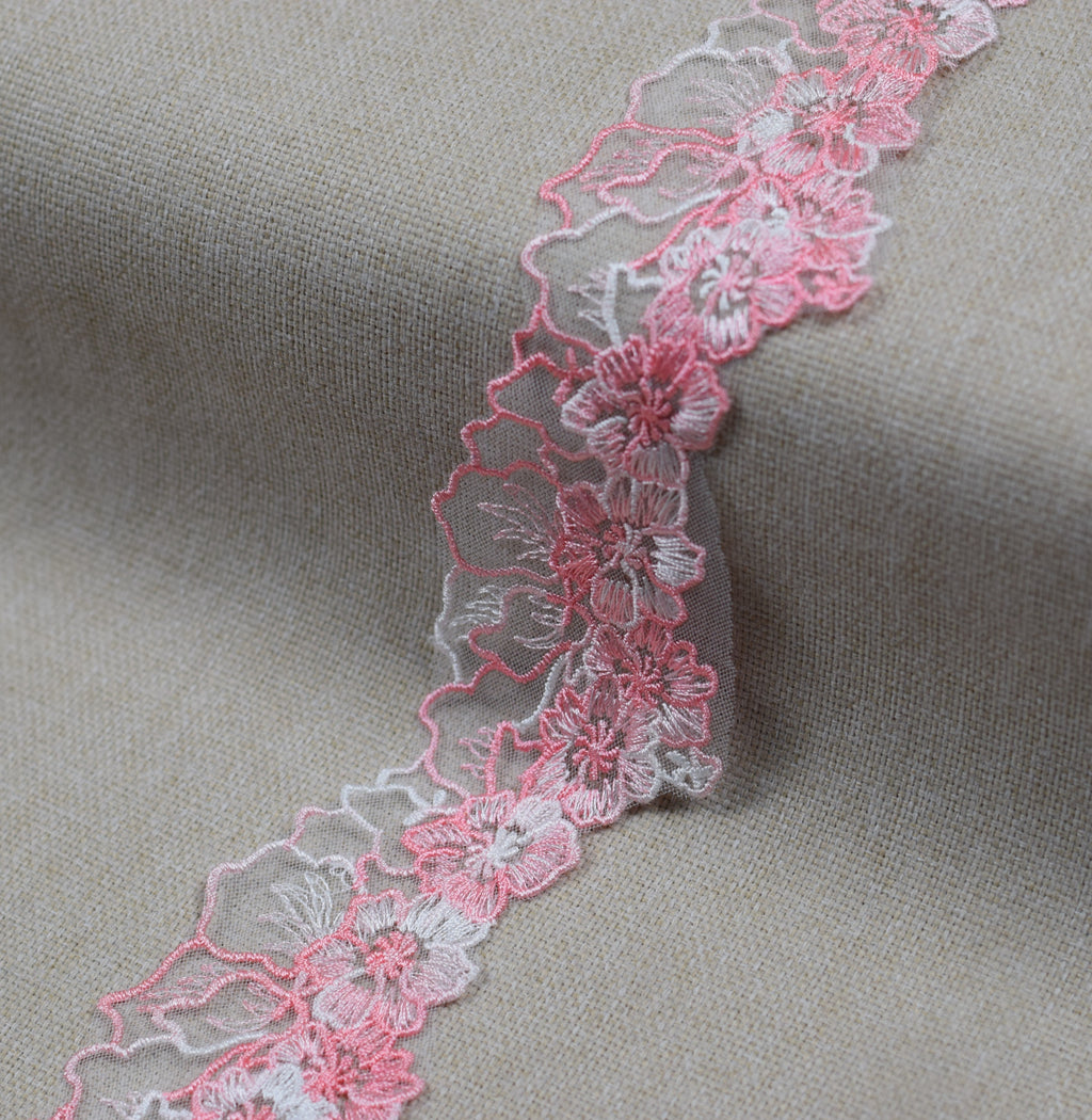 Floral Embroidered Net Lace Trim – Baby Pink & Off White | Decorative Sewing & Craft Lace | 10 Yards (9.1 Meters)